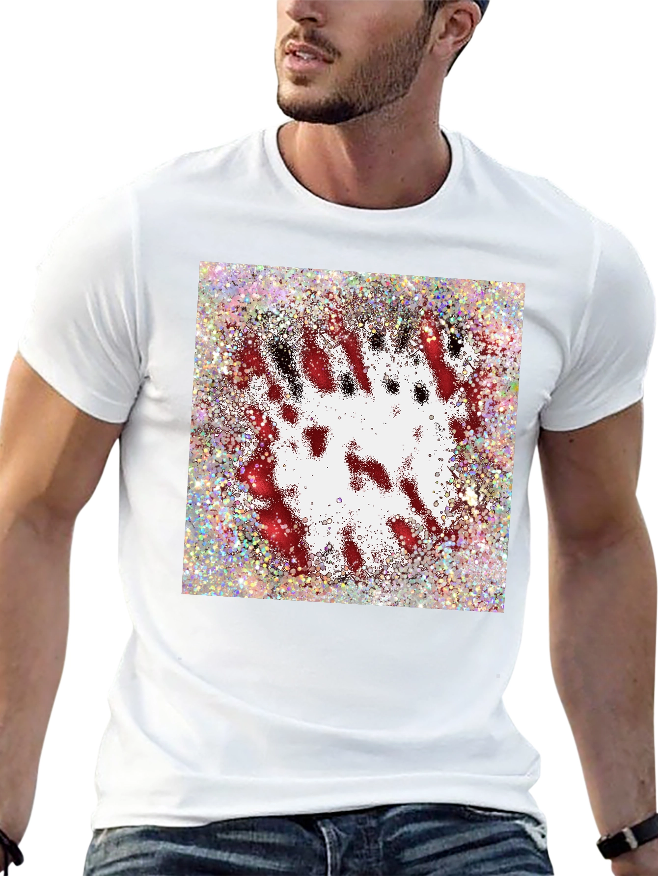 Abstract Red & White Splatter Print Black T-Shirt