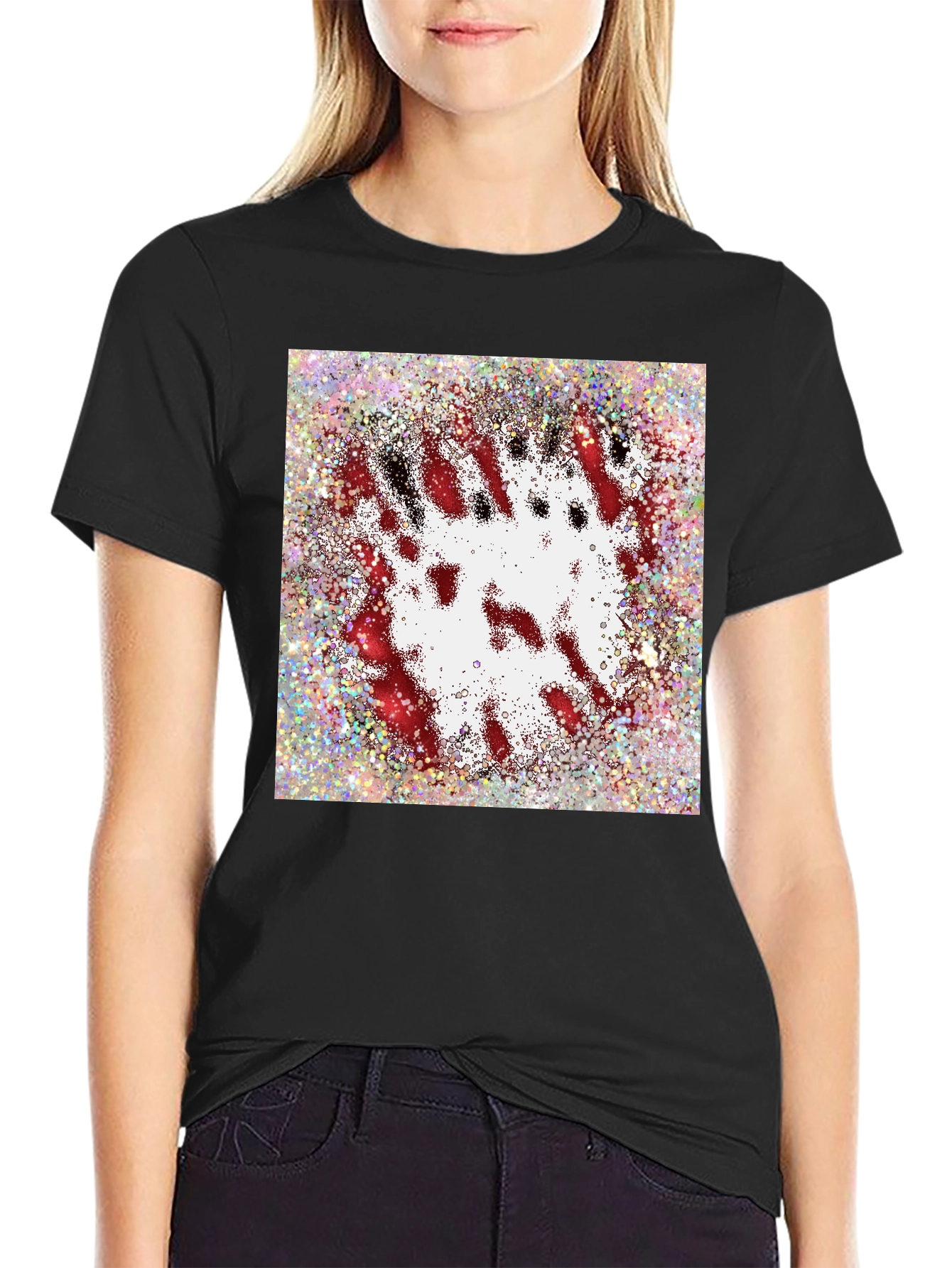 Abstract Red & White Splatter Print Black T-Shirt