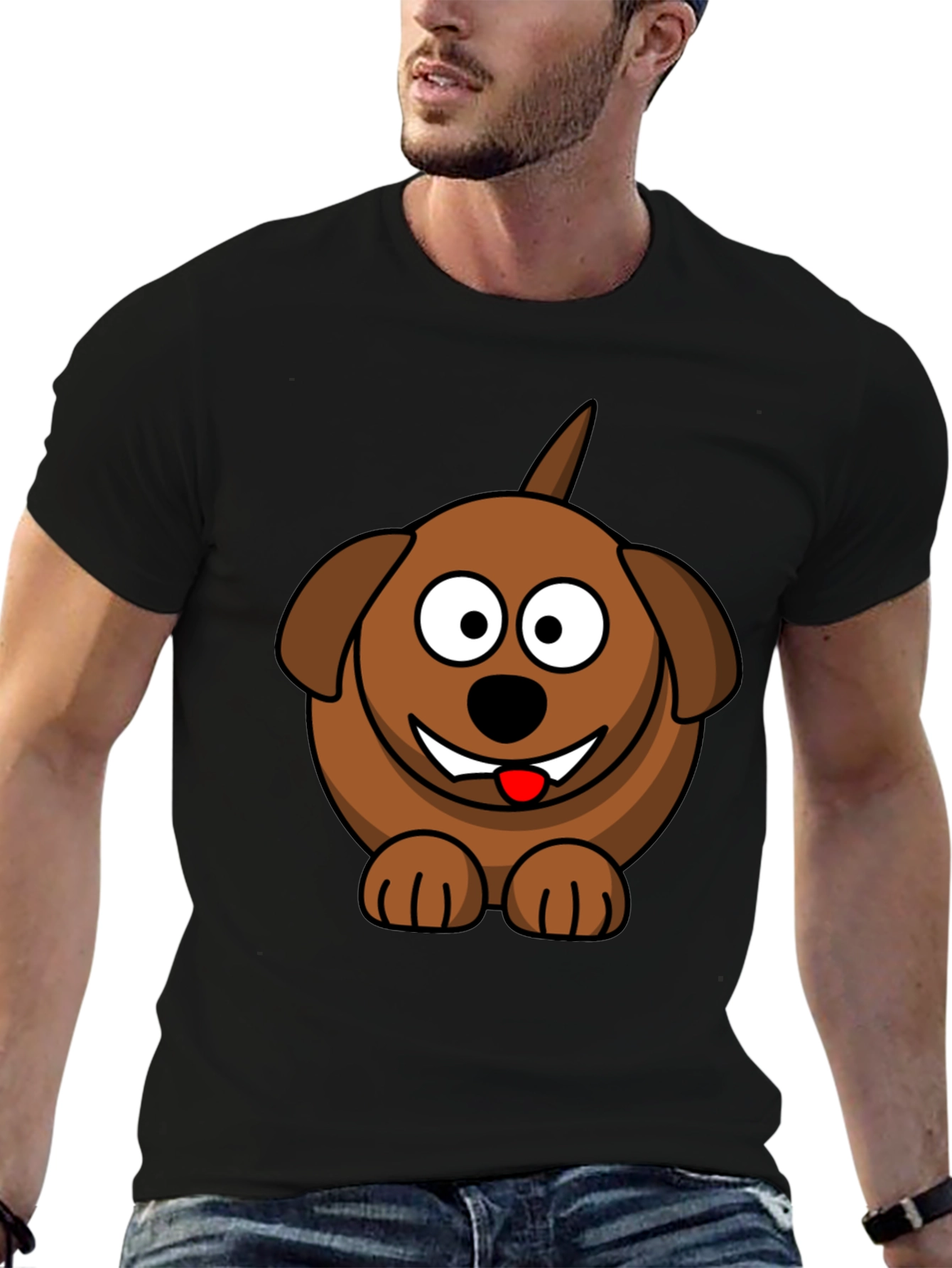 Cartoon Dog Graphic Tee - Black Cotton Blend