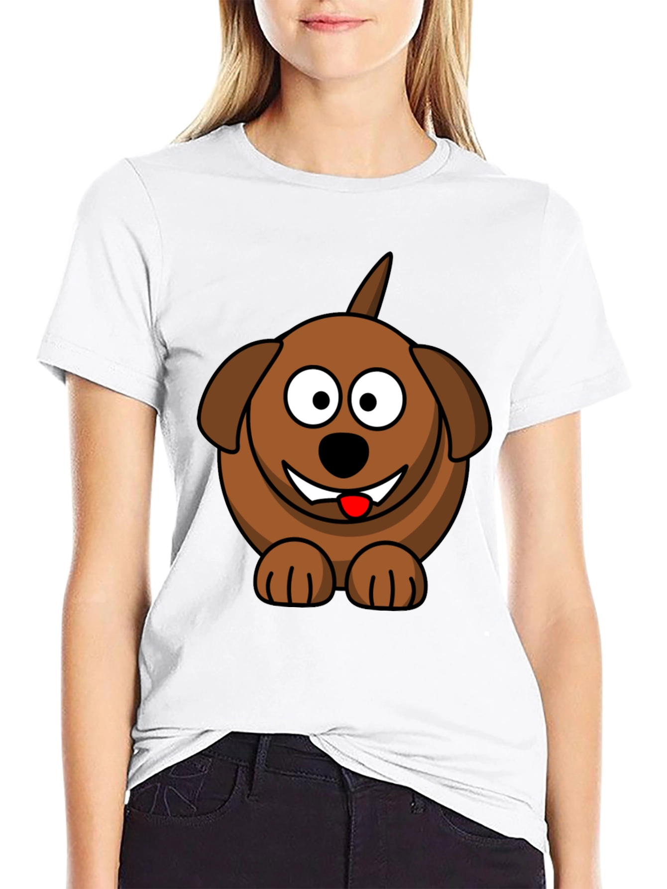 Cartoon Dog Graphic Tee - Black Cotton Blend