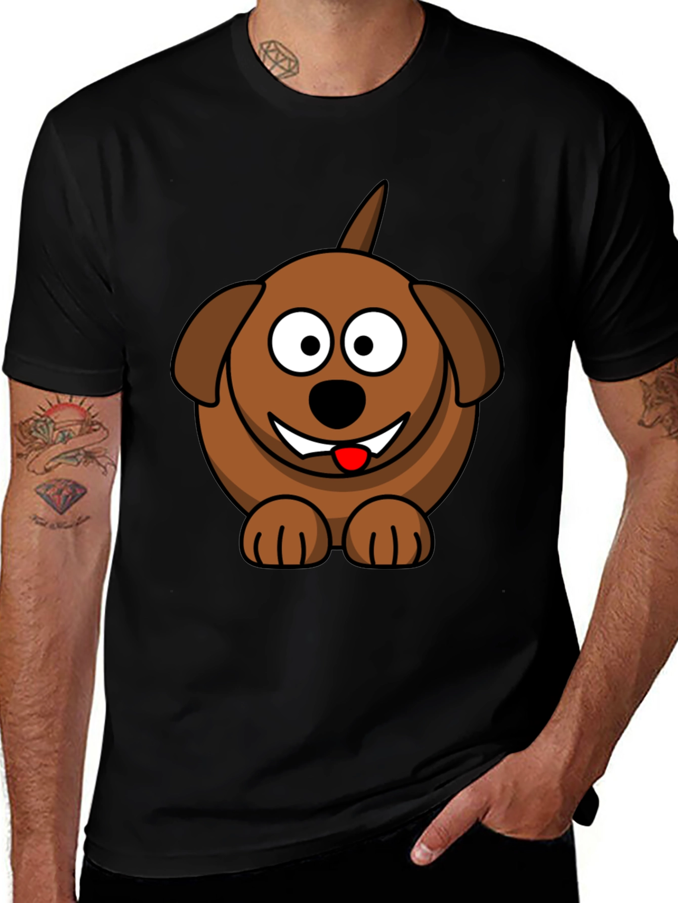 Cartoon Dog Graphic Tee - Black Cotton Blend