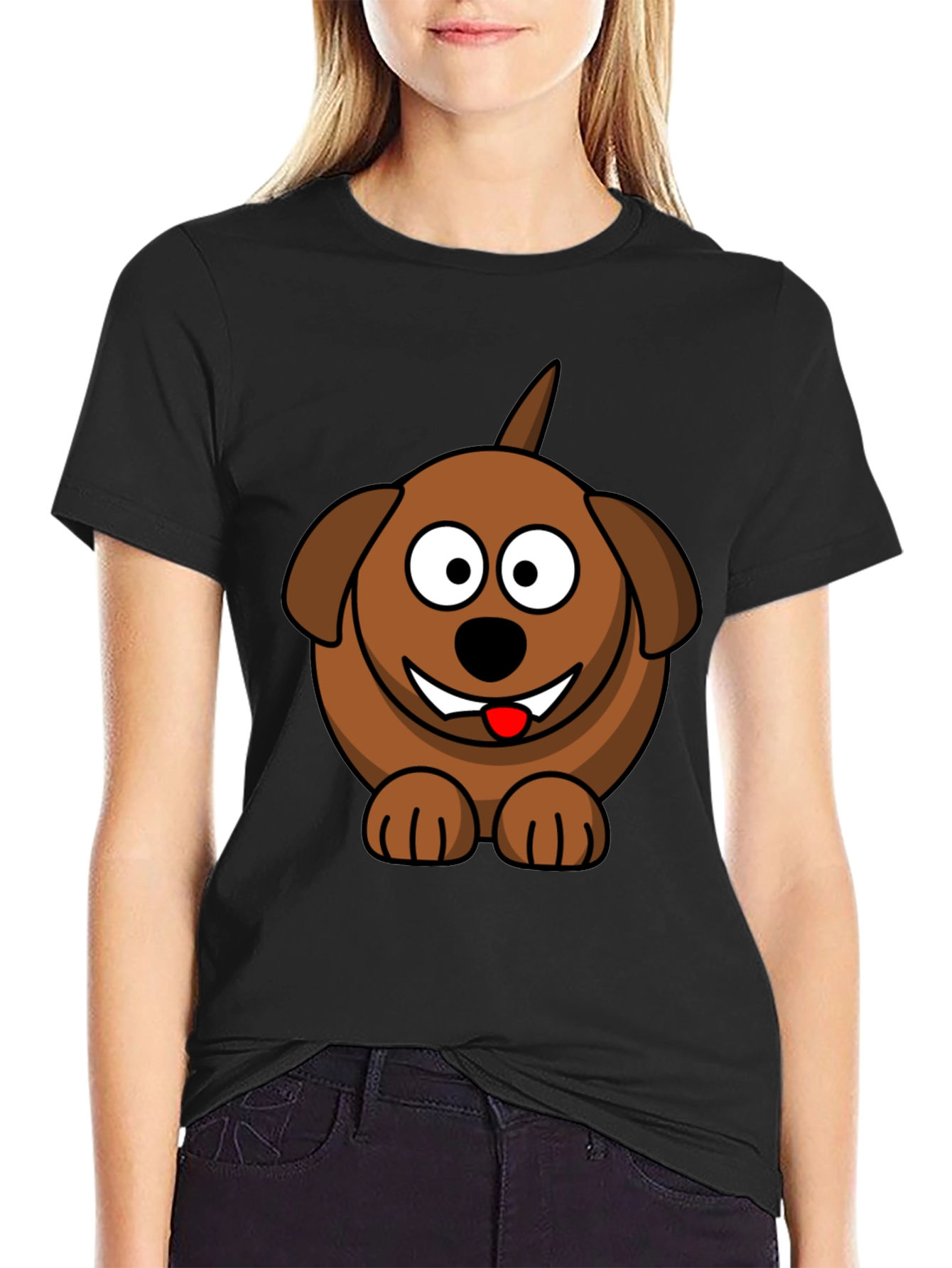 Cartoon Dog Graphic Tee - Black Cotton Blend