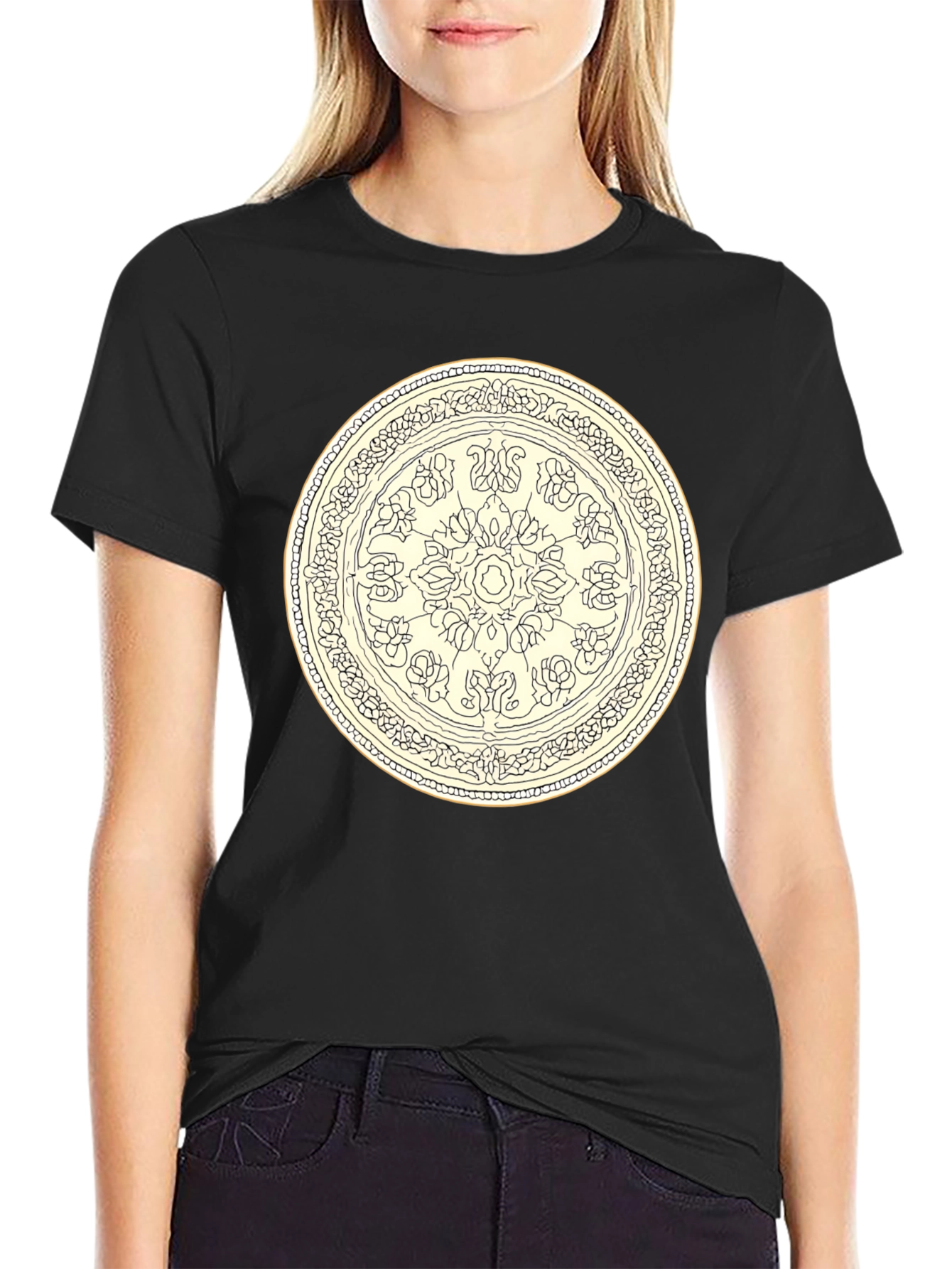 Black T-Shirt with Floral Mandala Design