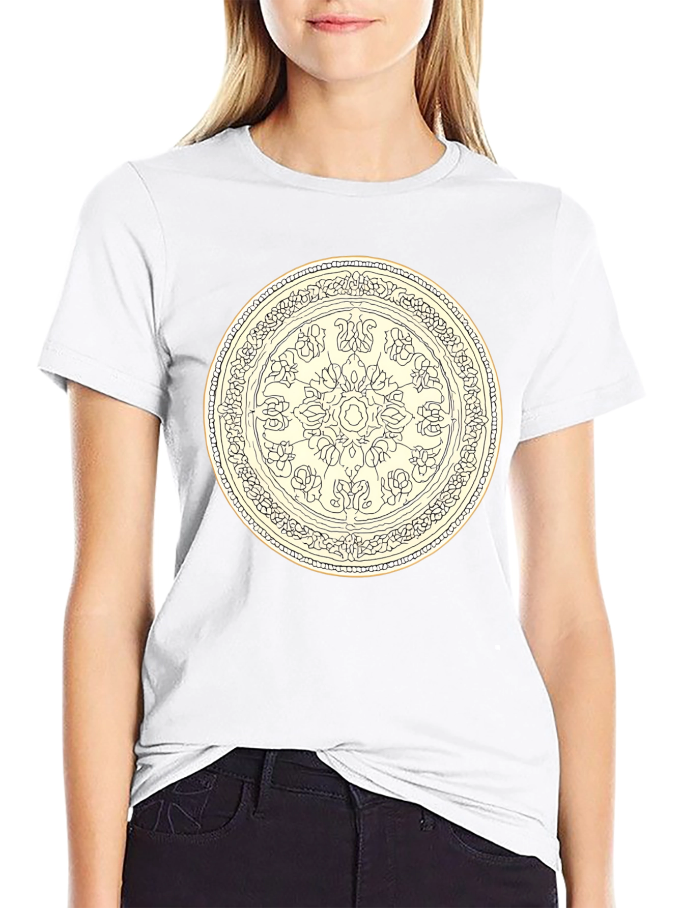 Black T-Shirt with Floral Mandala Design
