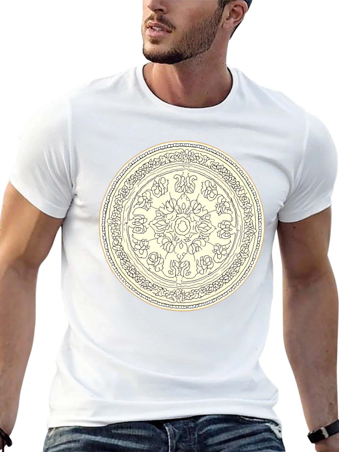 Black T-Shirt with Floral Mandala Design