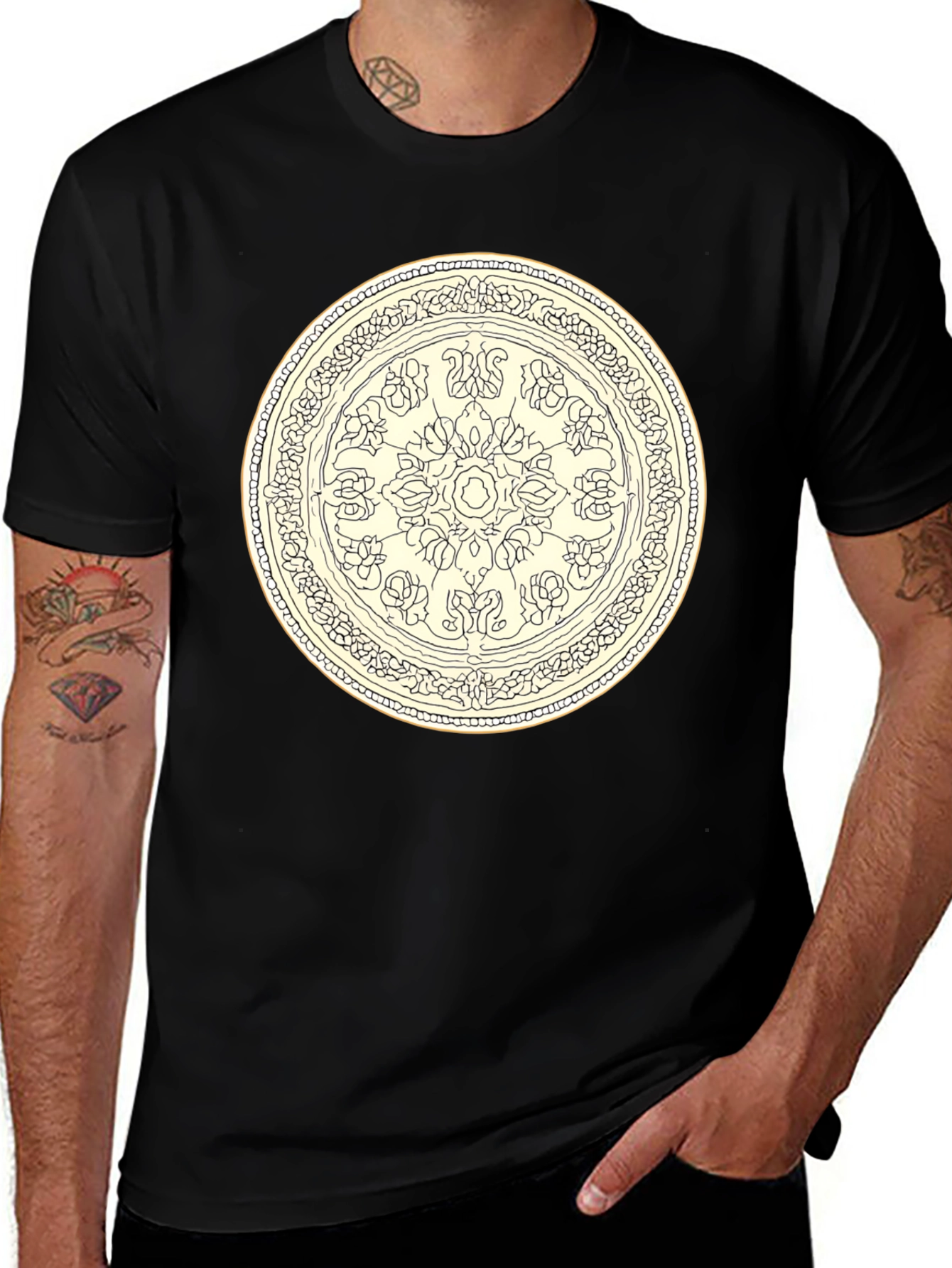 Black T-Shirt with Floral Mandala Design