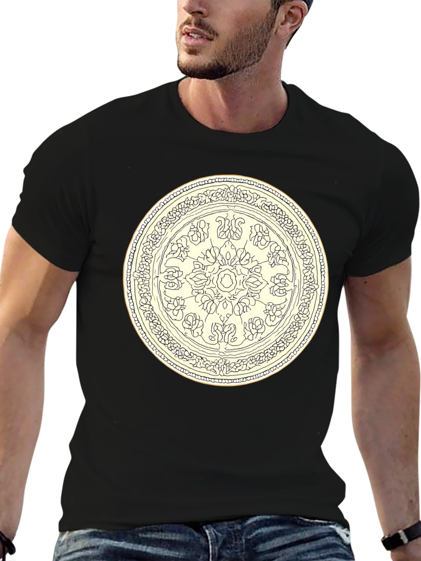 Black T-Shirt with Floral Mandala Design
