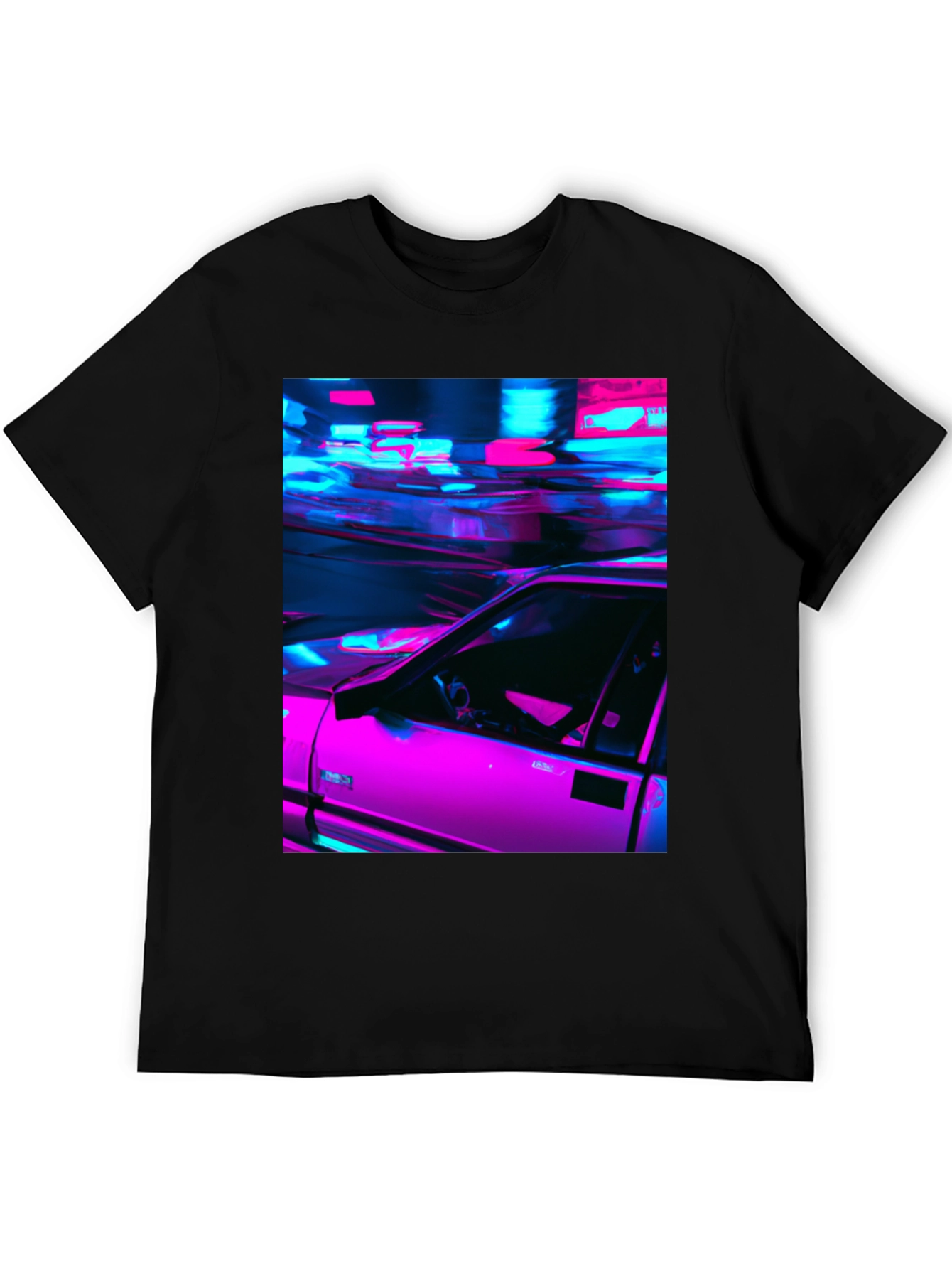 Neon Car Graphic Tee - Retro Style Black T-Shirt