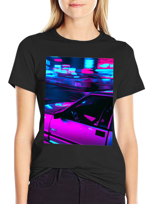Neon Car Graphic Tee - Retro Style Black T-Shirt
