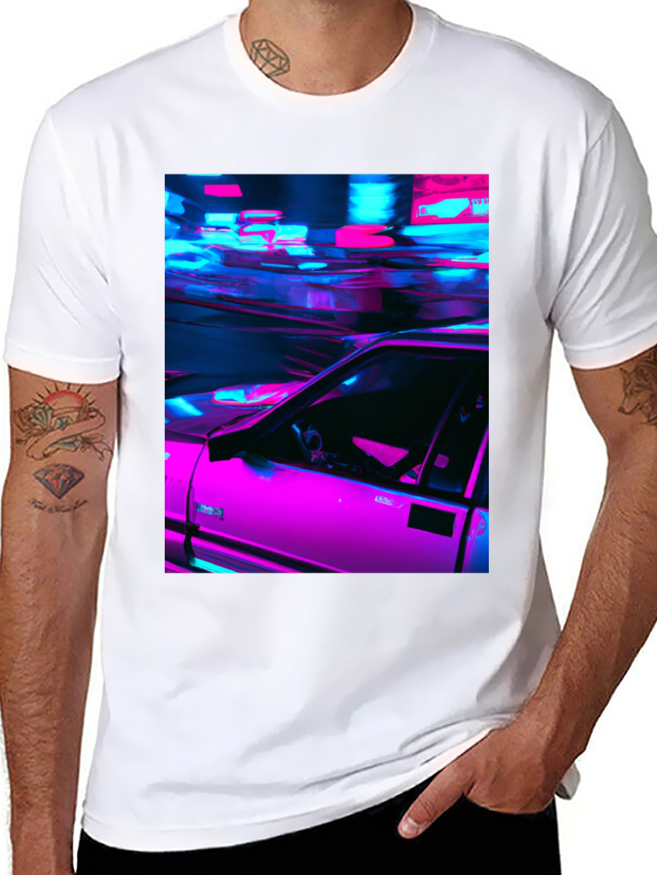 Neon Car Graphic Tee - Retro Style Black T-Shirt
