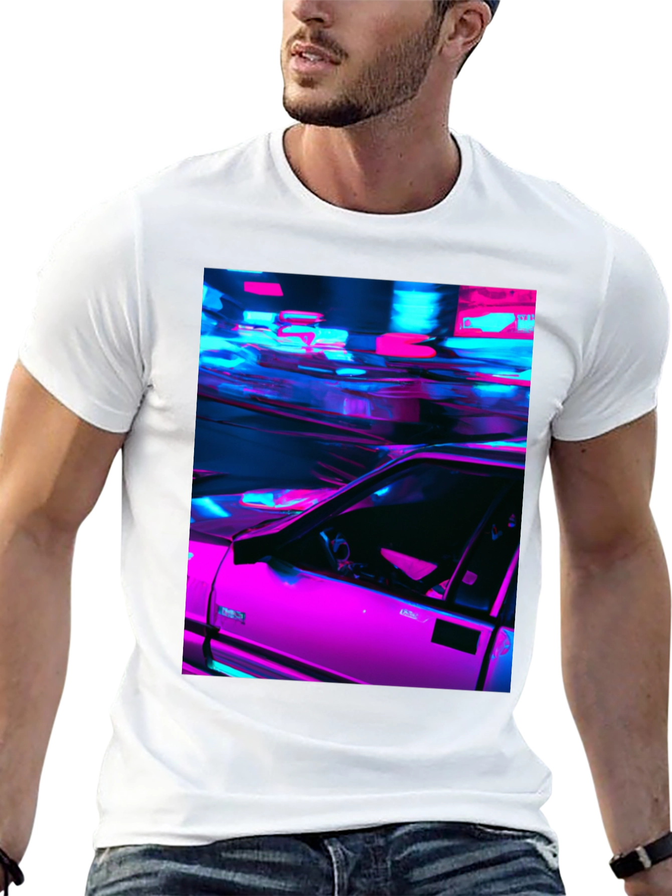 Neon Car Graphic Tee - Retro Style Black T-Shirt