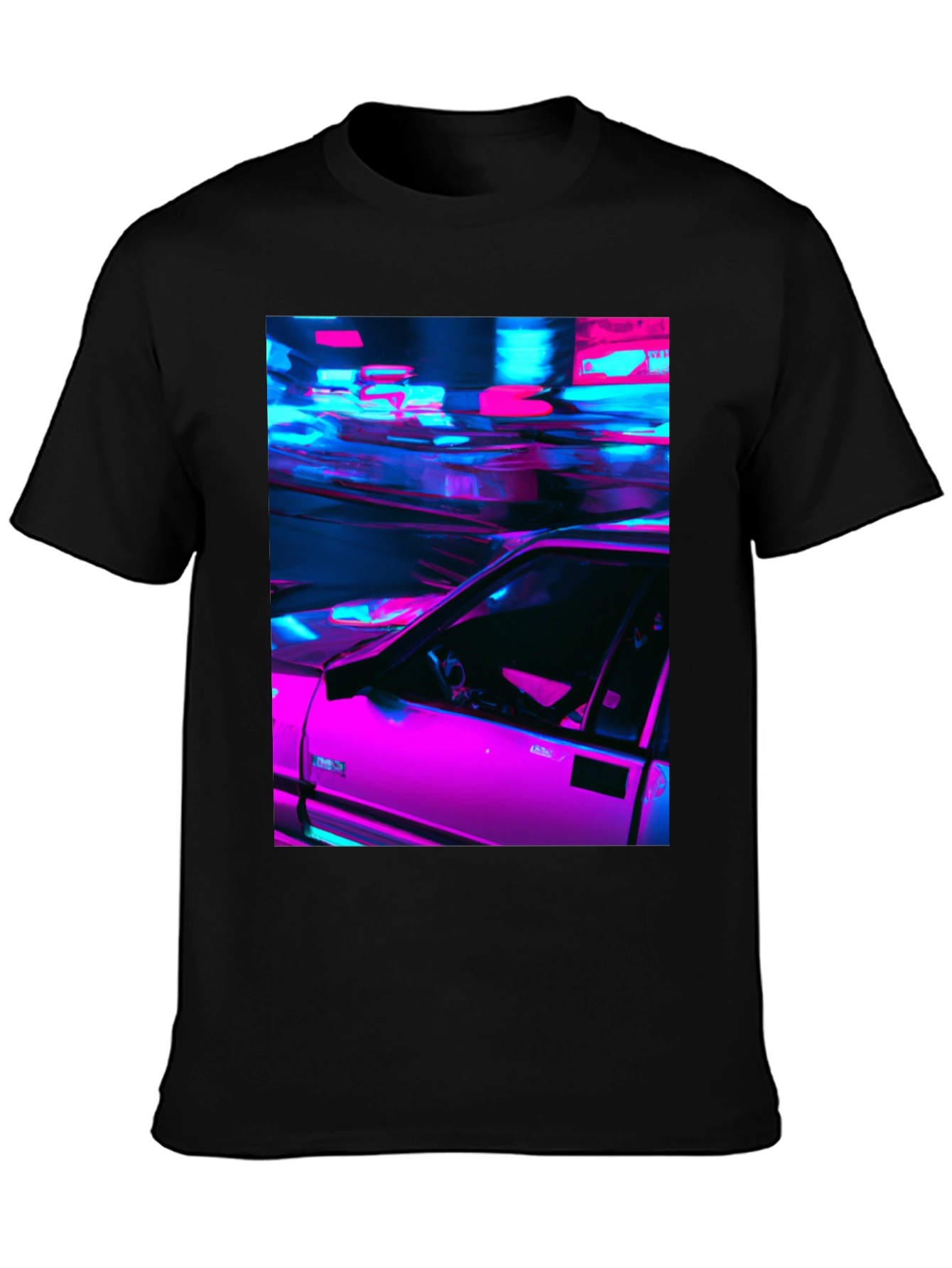 Neon Car Graphic Tee - Retro Style Black T-Shirt