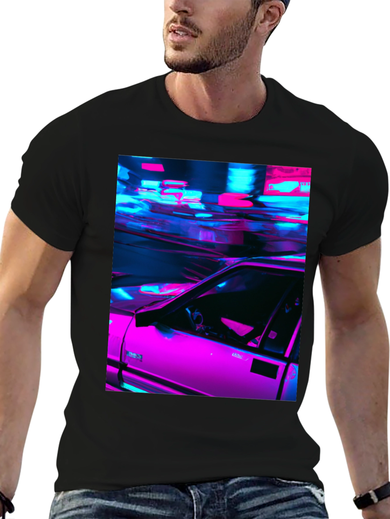 Neon Car Graphic Tee - Retro Style Black T-Shirt