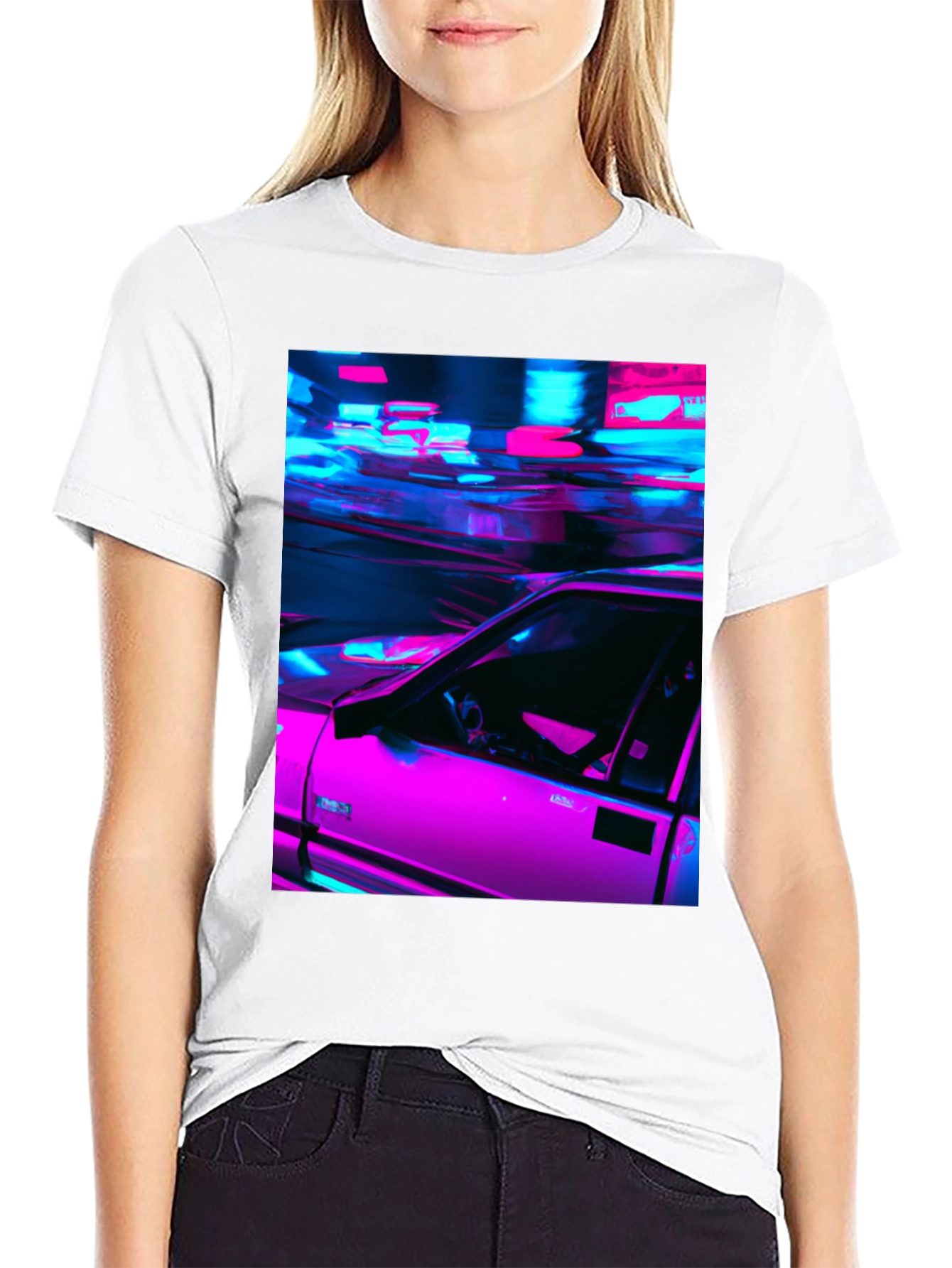 Neon Car Graphic Tee - Retro Style Black T-Shirt