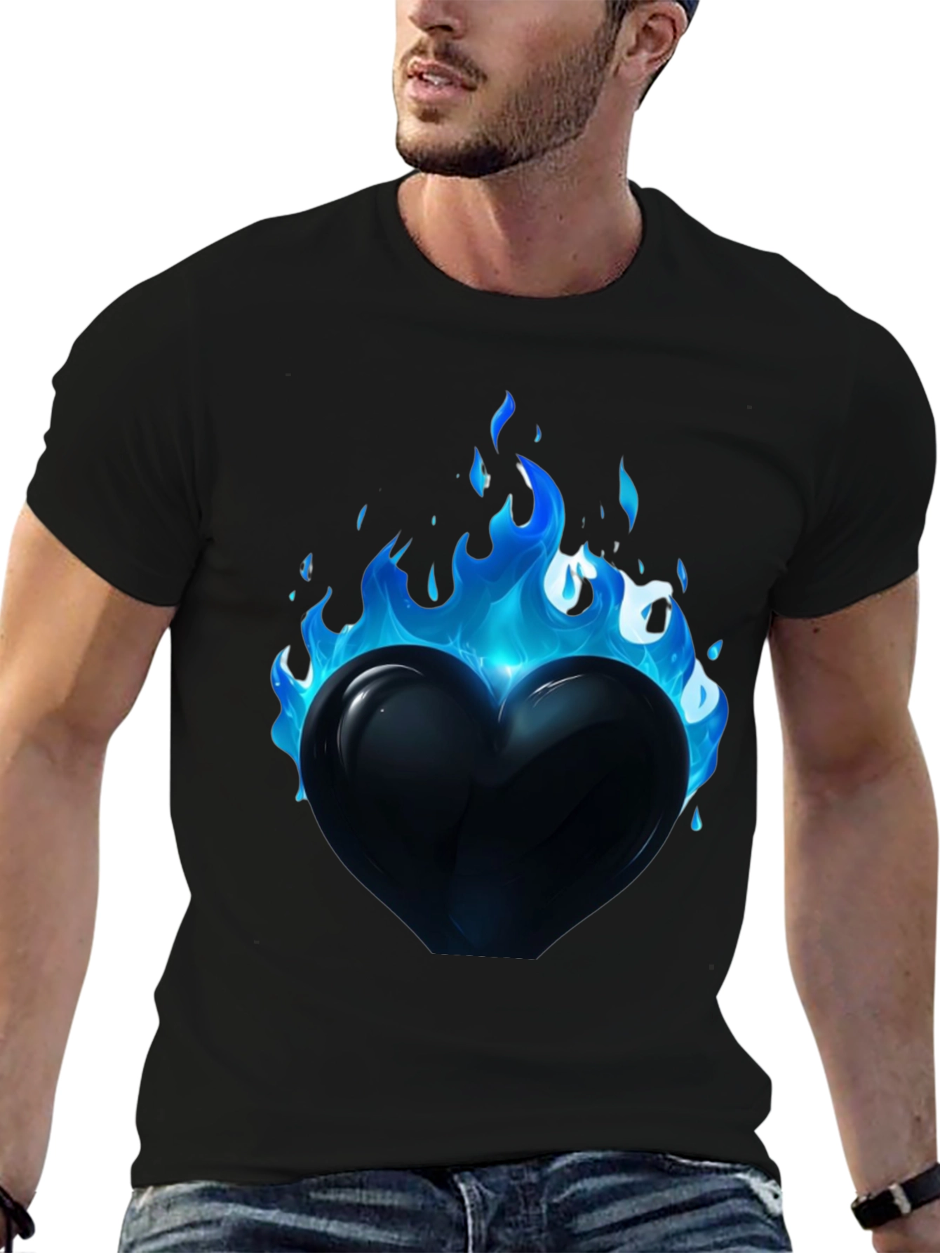 Flaming Heart Graphic Tee - Cool Blue Flames