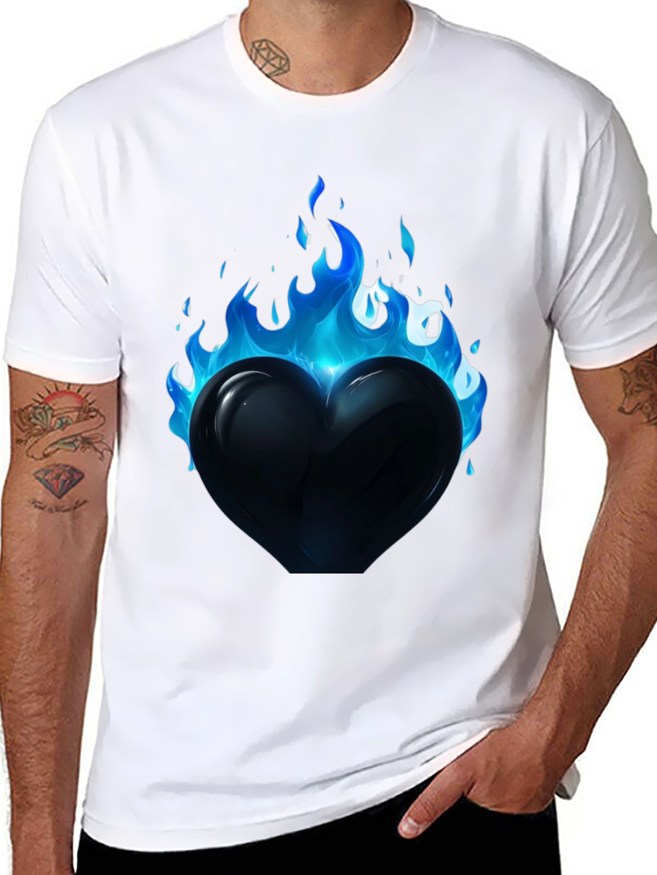 Flaming Heart Graphic Tee - Cool Blue Flames