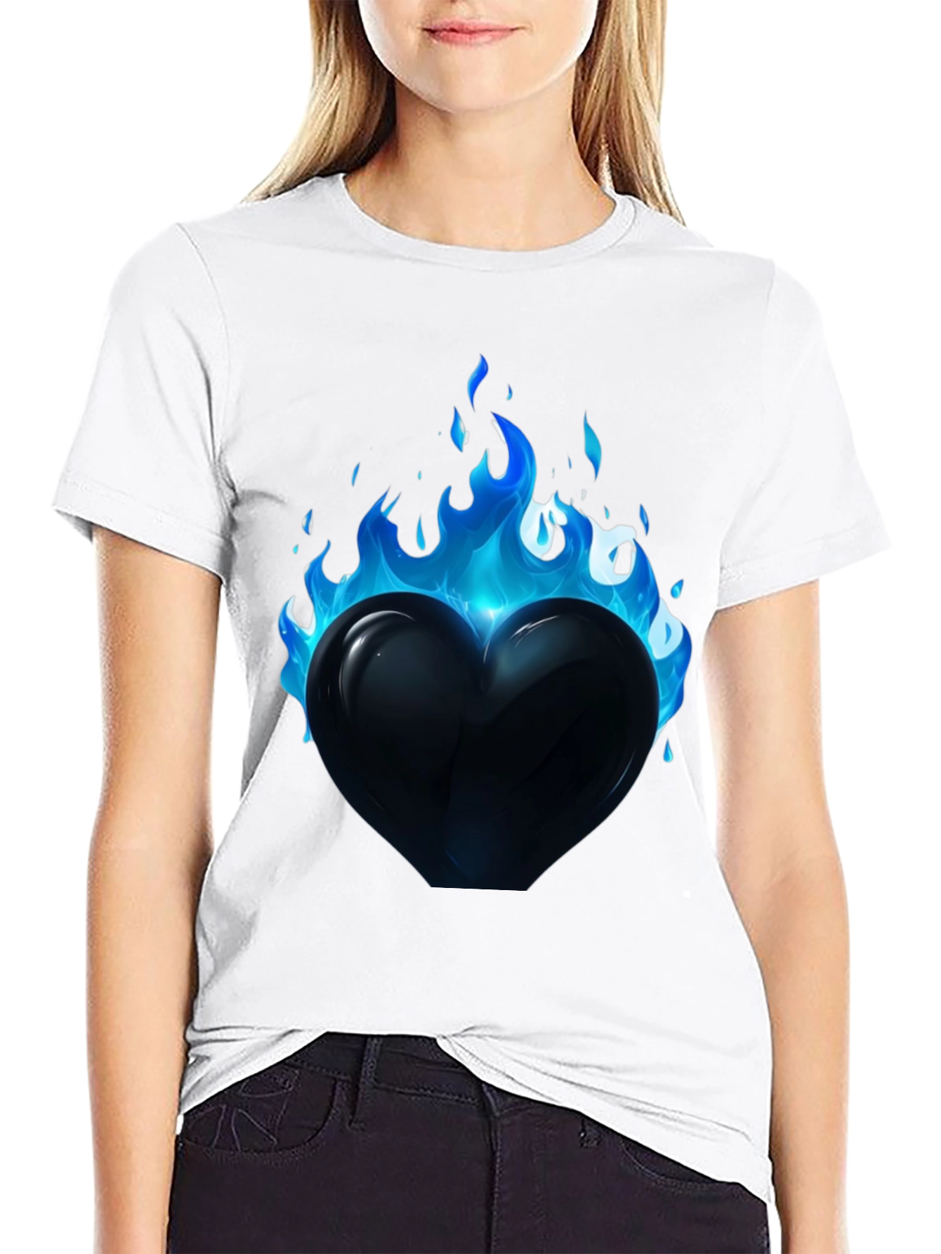 Flaming Heart Graphic Tee - Cool Blue Flames