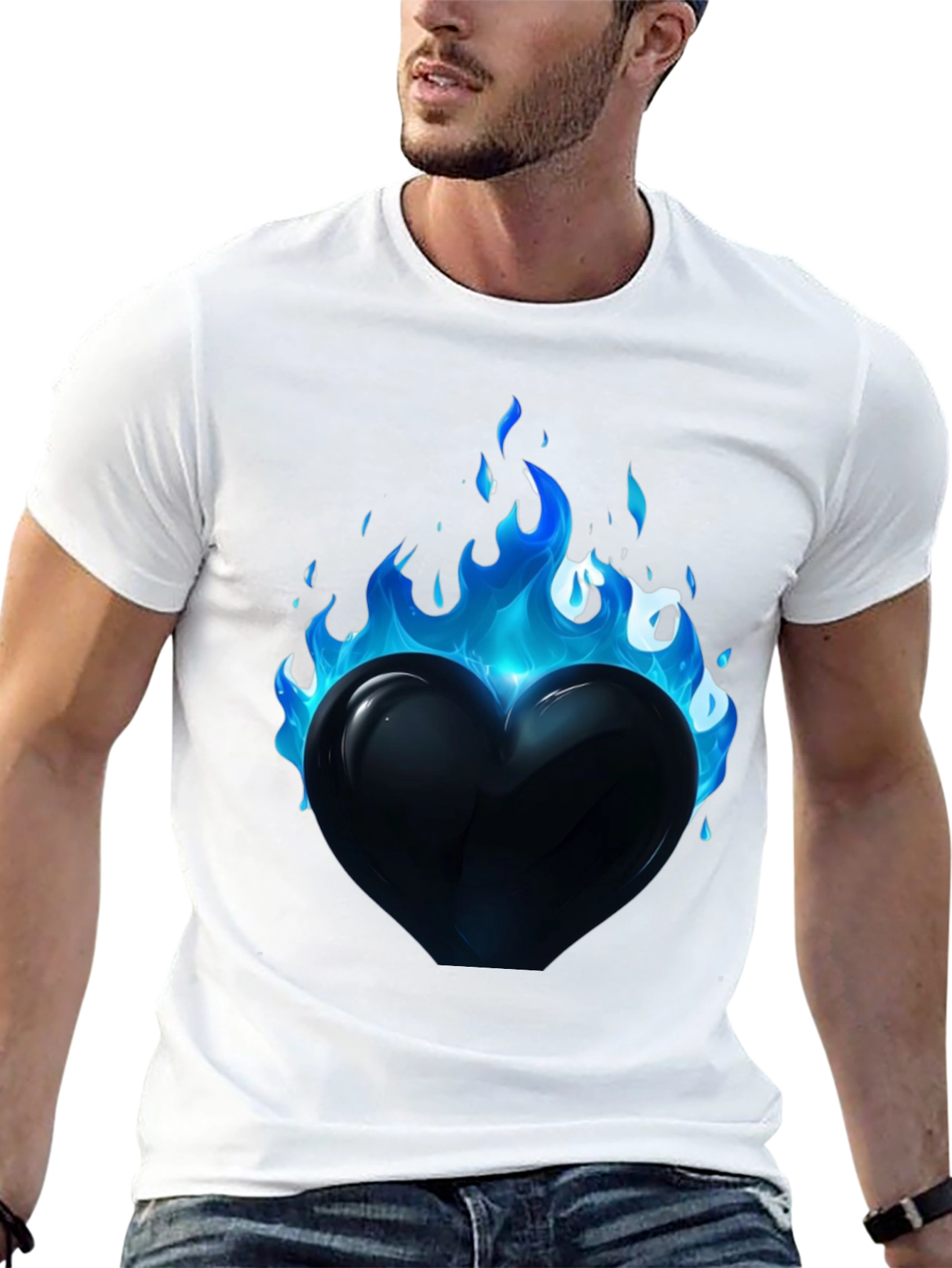 Flaming Heart Graphic Tee - Cool Blue Flames