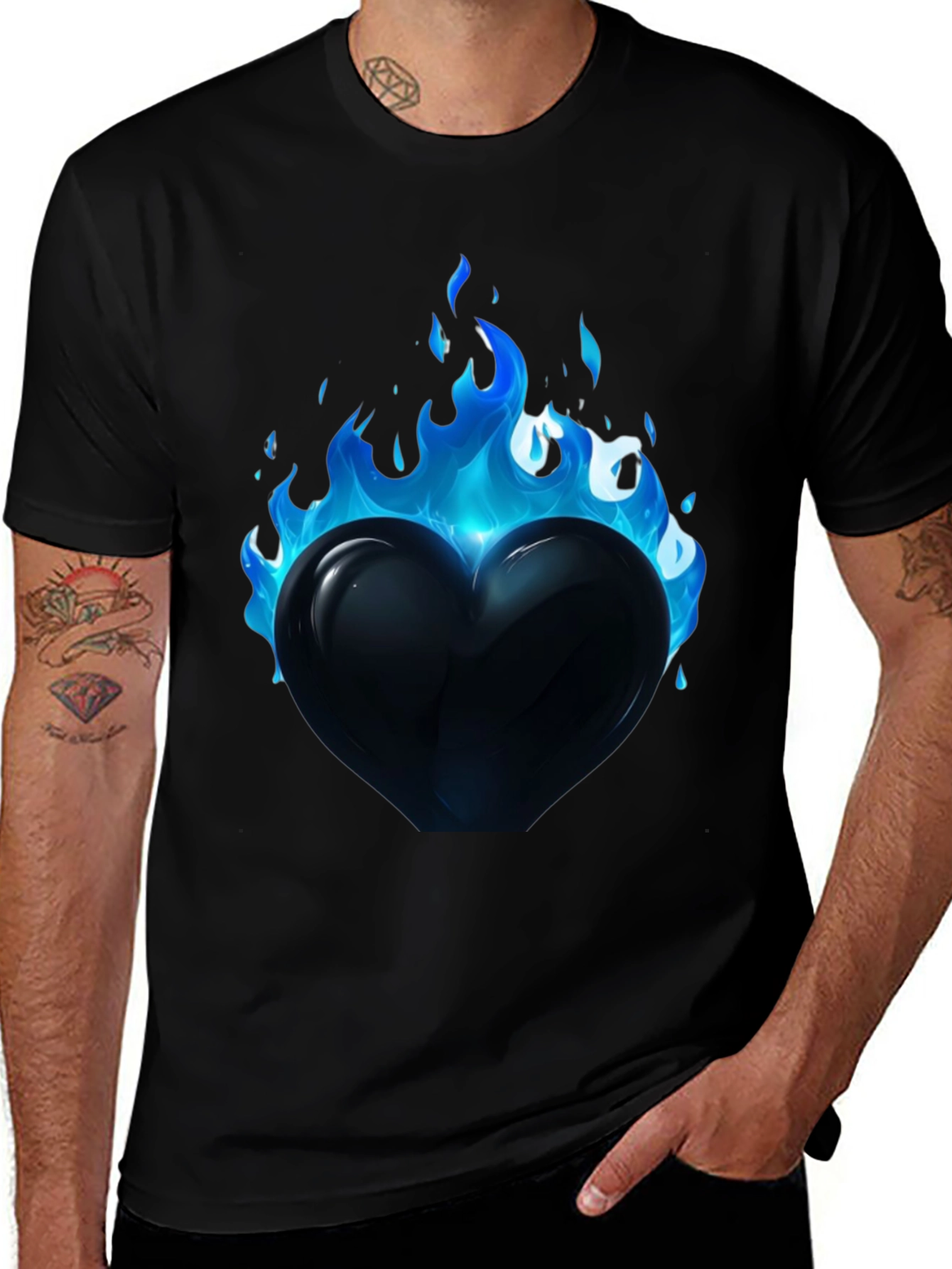 Flaming Heart Graphic Tee - Cool Blue Flames