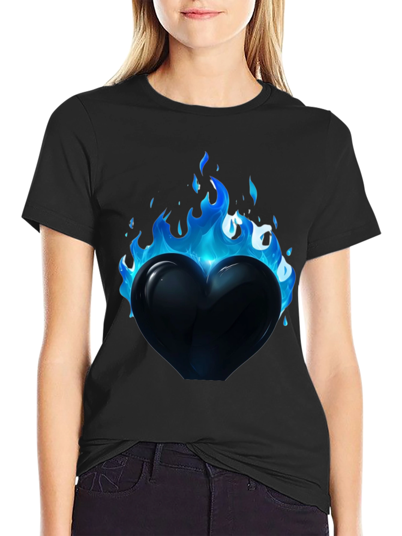 Flaming Heart Graphic Tee - Cool Blue Flames