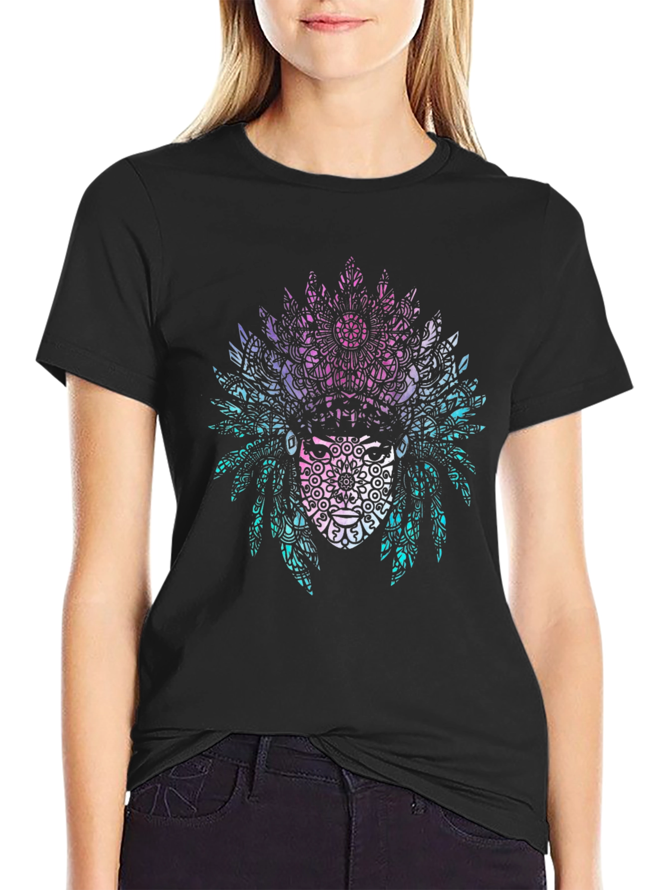 Tribal Mandala Headdress Graphic Tee - Black