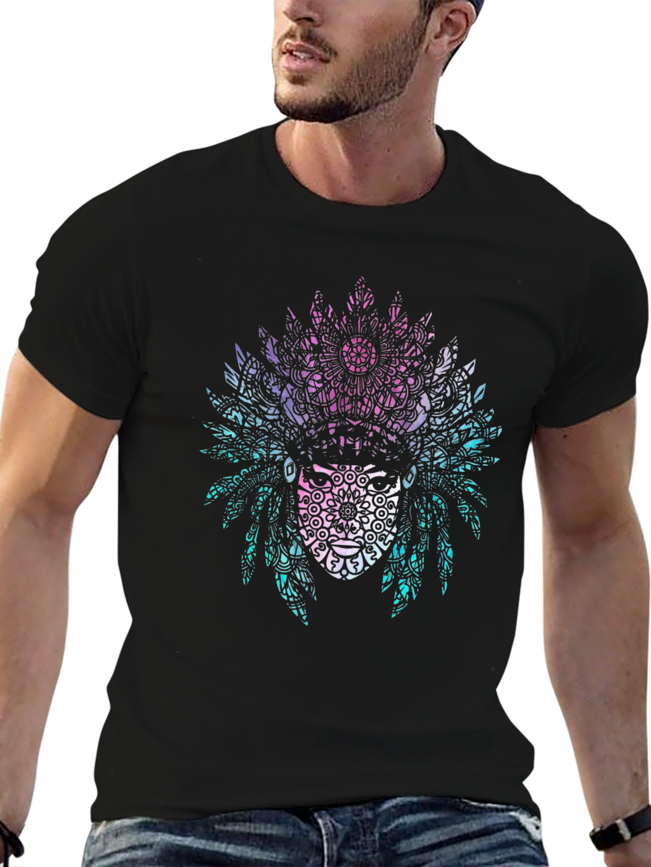Tribal Mandala Headdress Graphic Tee - Black