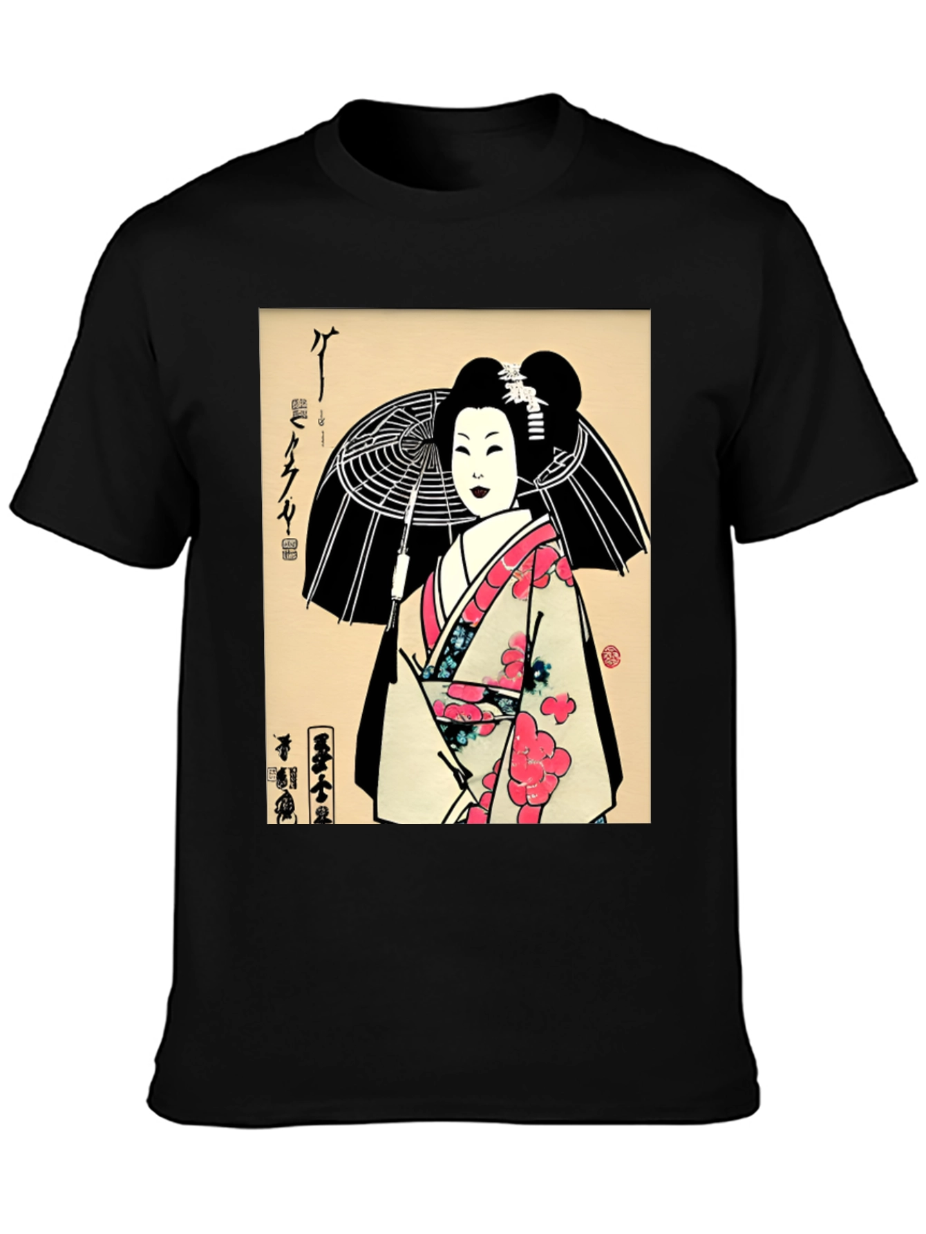 Geisha Art Graphic Print Black T-Shirt