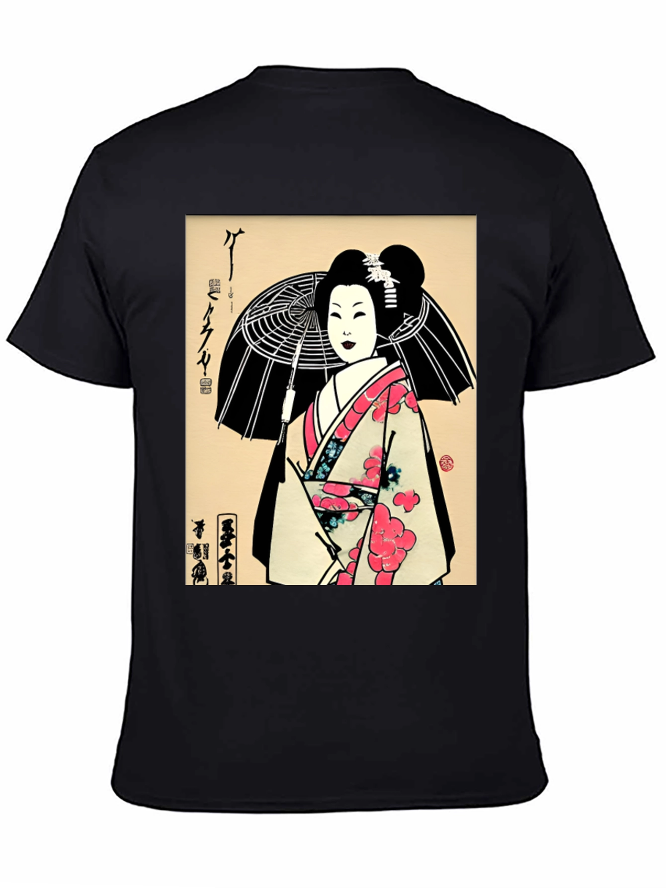 Geisha Art Graphic Print Black T-Shirt
