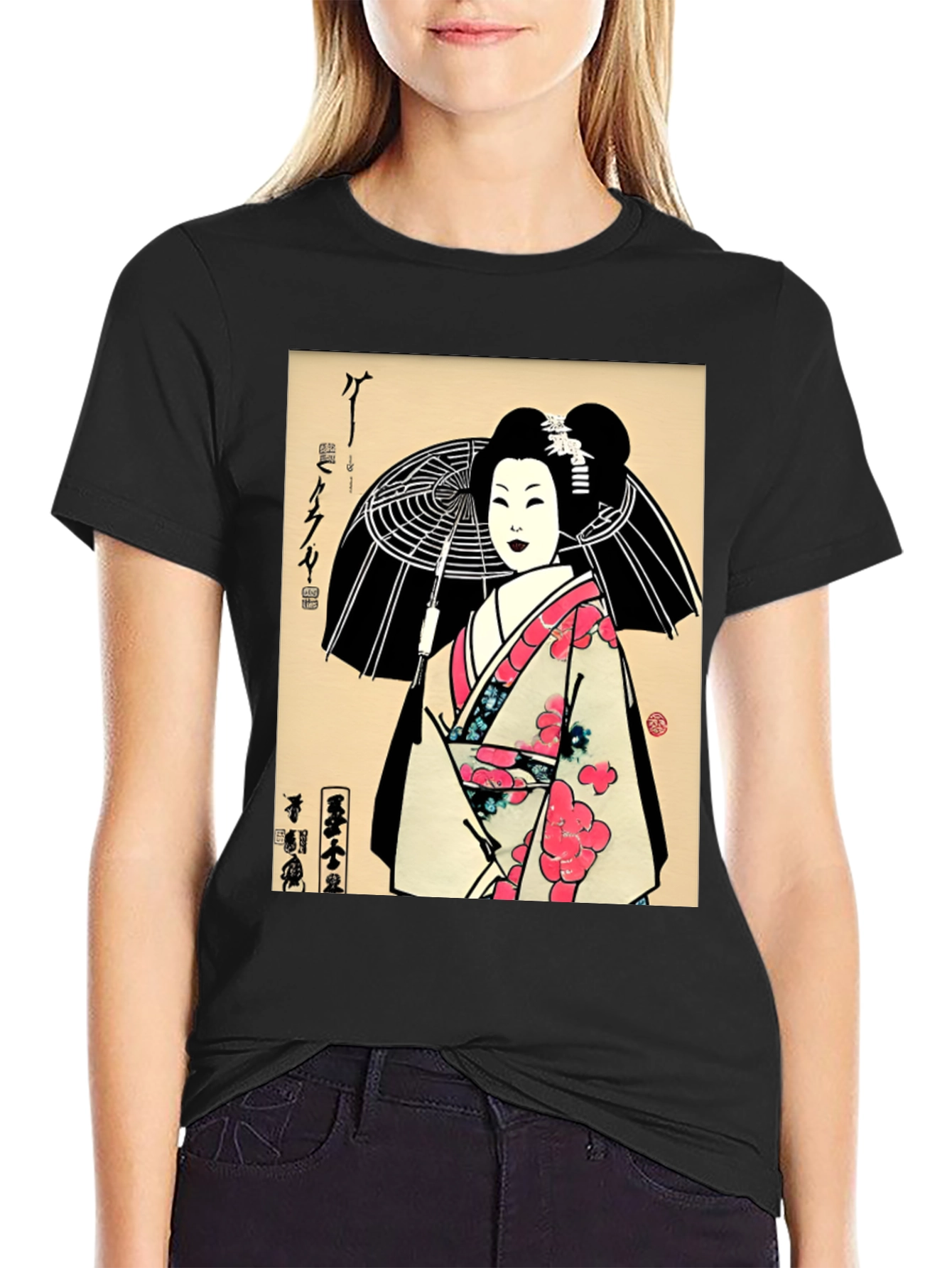 Geisha Art Graphic Print Black T-Shirt