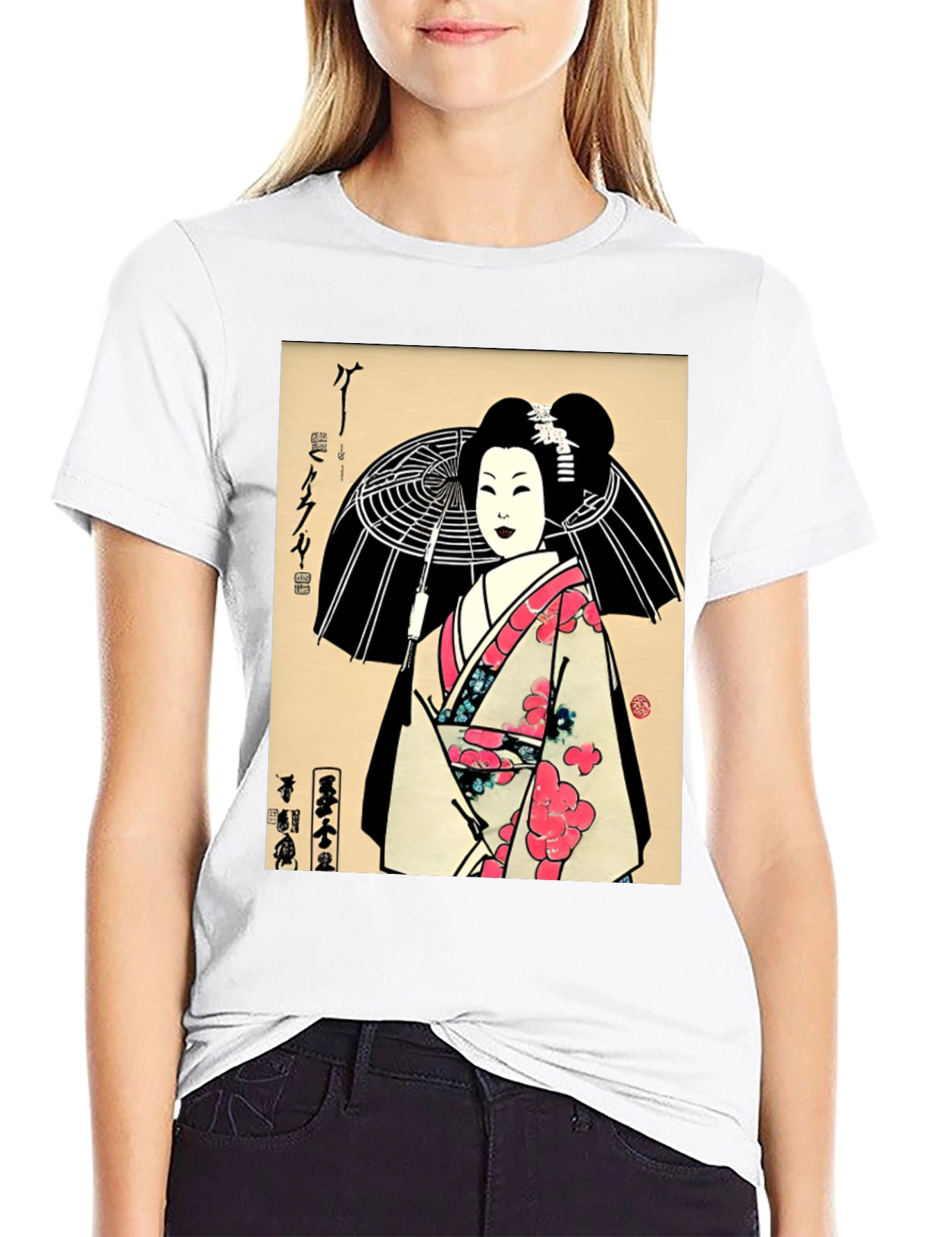 Geisha Art Graphic Print Black T-Shirt