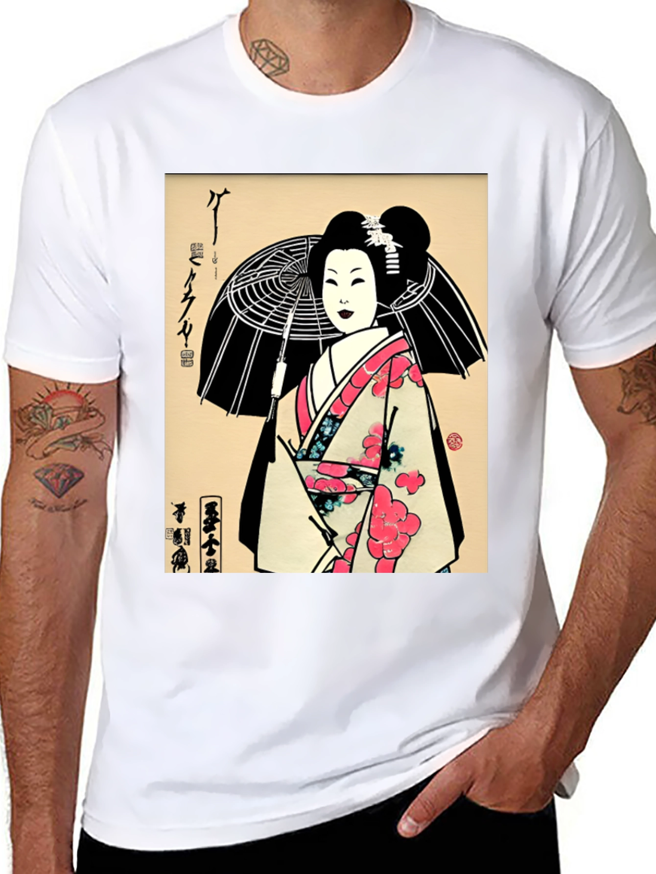 Geisha Art Graphic Print Black T-Shirt