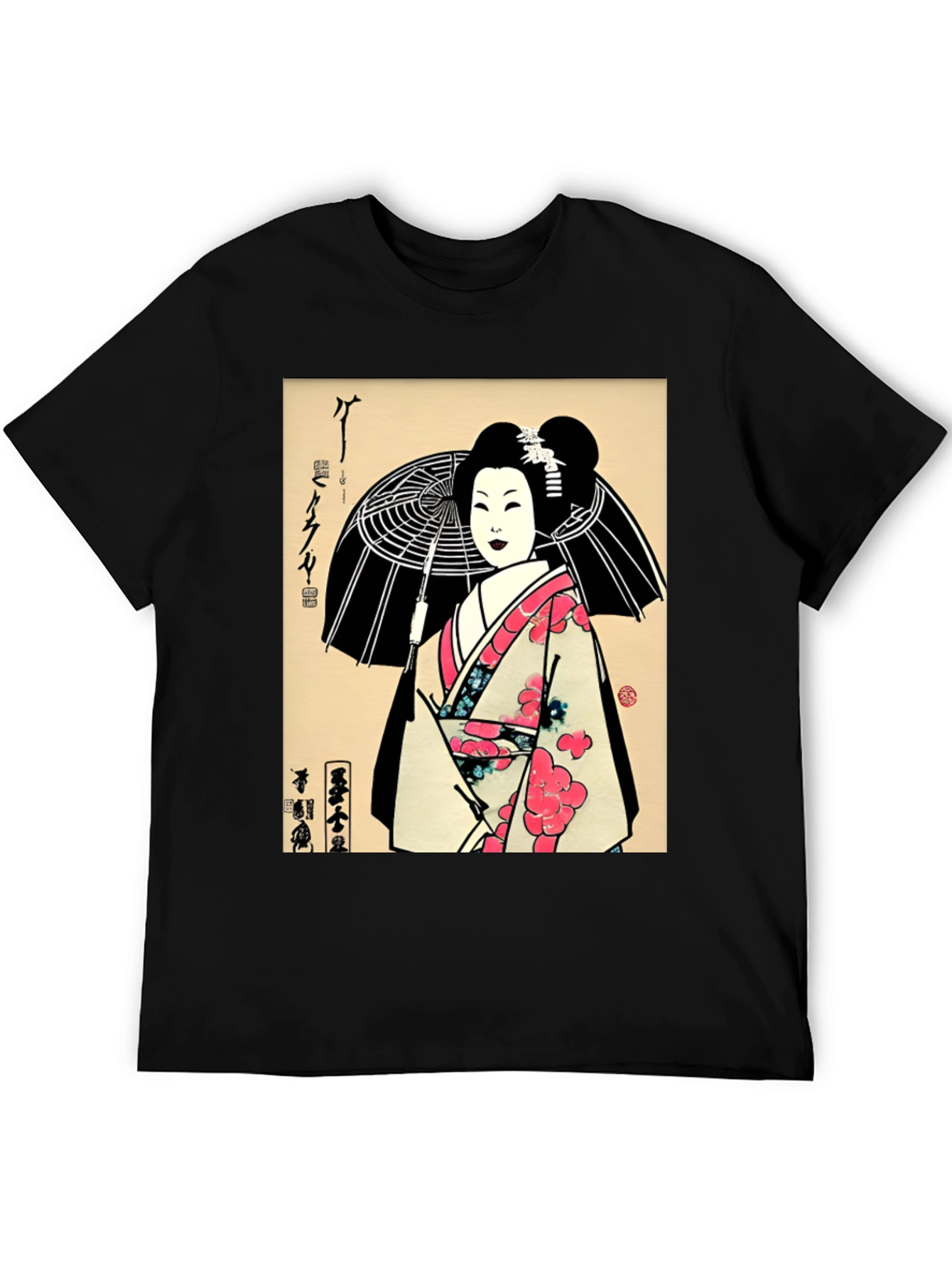 Geisha Art Graphic Print Black T-Shirt