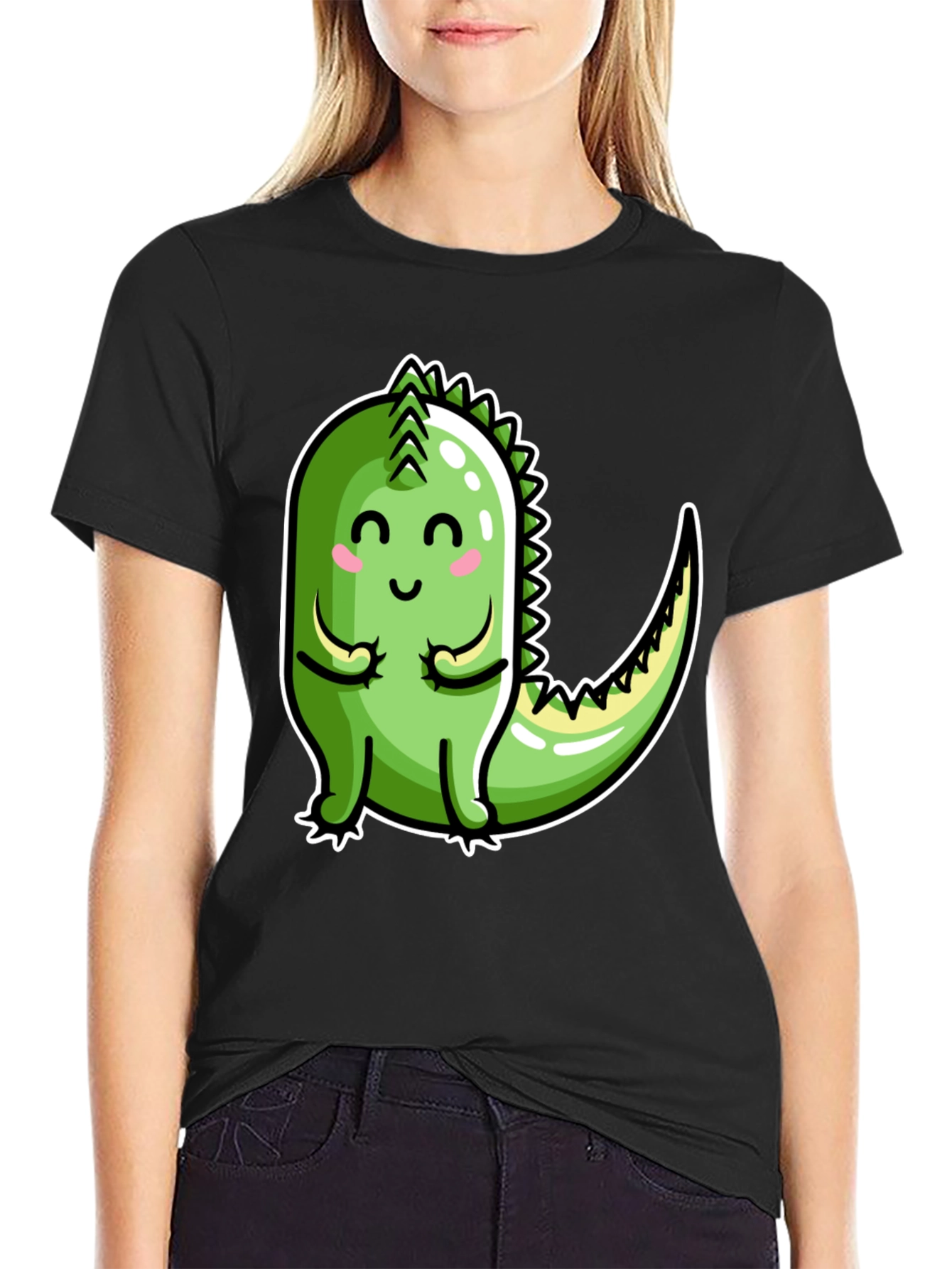 Cute Cartoon Dinosaur Graphic Tee - Black