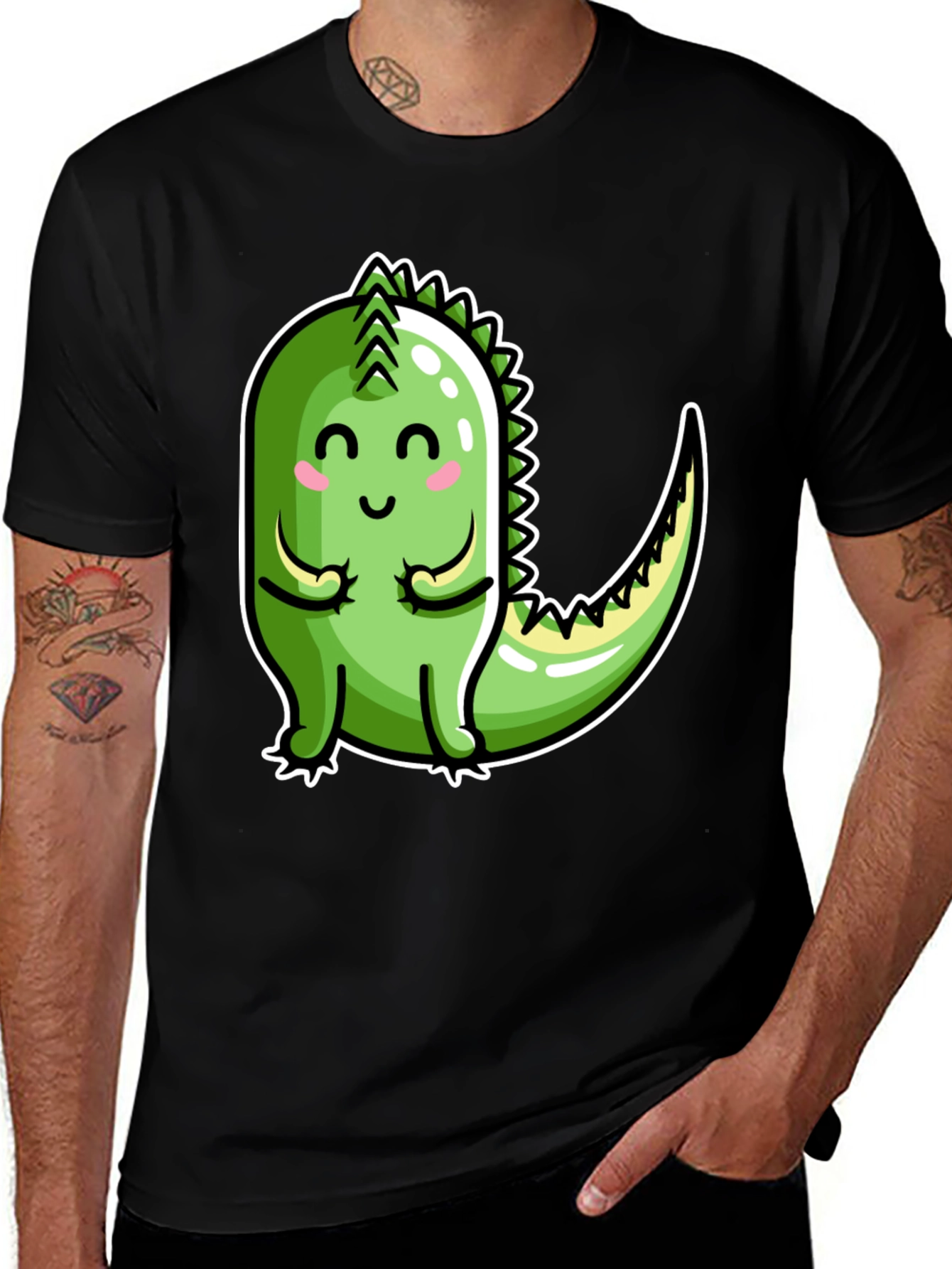 Cute Cartoon Dinosaur Graphic Tee - Black