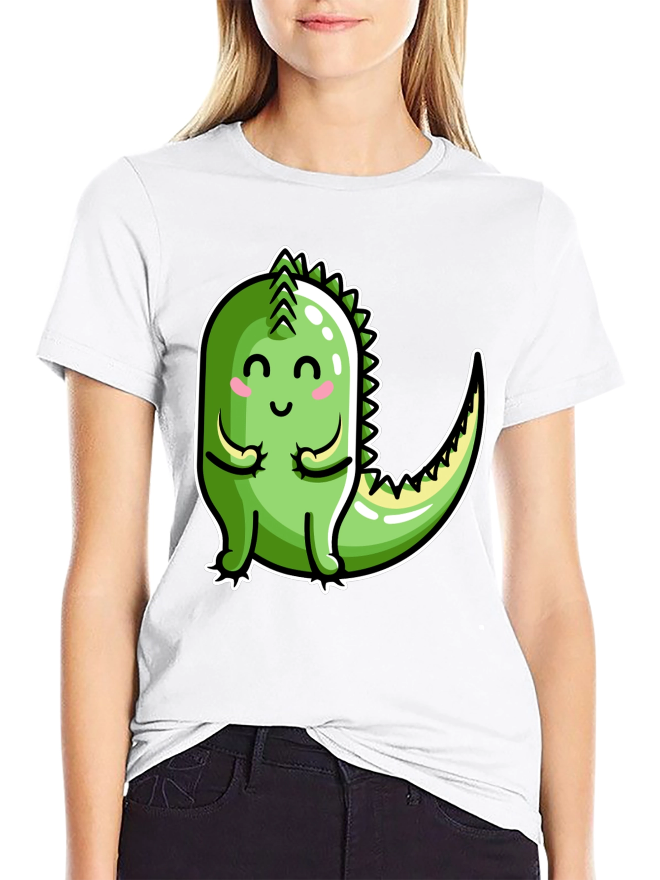 Cute Cartoon Dinosaur Graphic Tee - Black