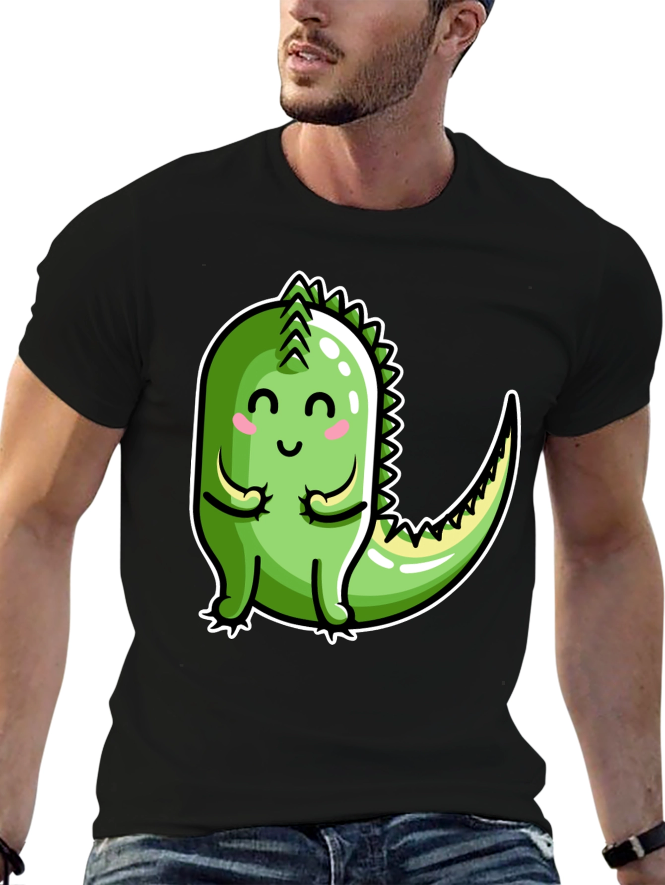 Cute Cartoon Dinosaur Graphic Tee - Black