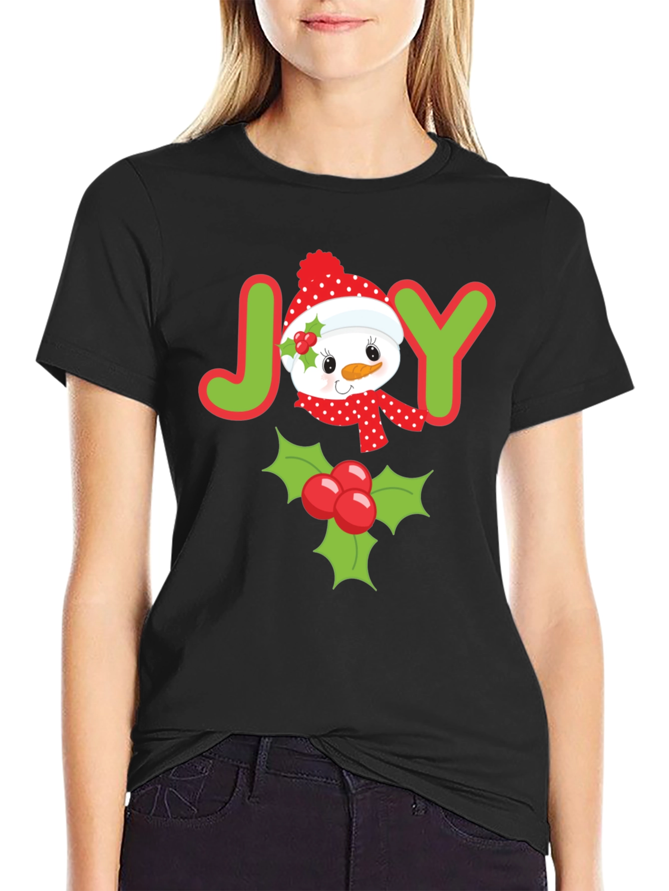 Joyful Holiday T-Shirt with Snowman and Holly