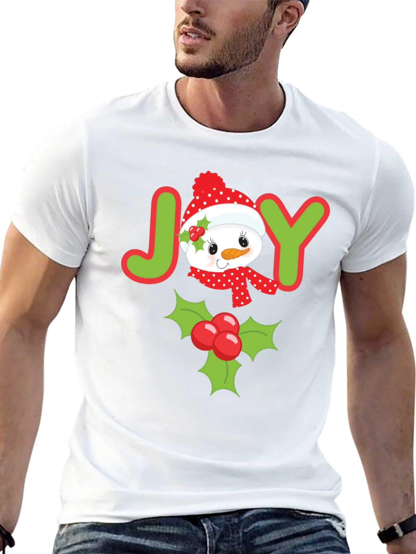 Joyful Holiday T-Shirt with Snowman and Holly
