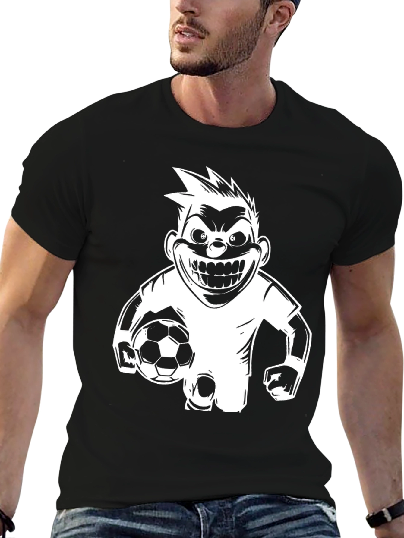 Mens Black Graphic T-Shirt - Soccer Cartoon