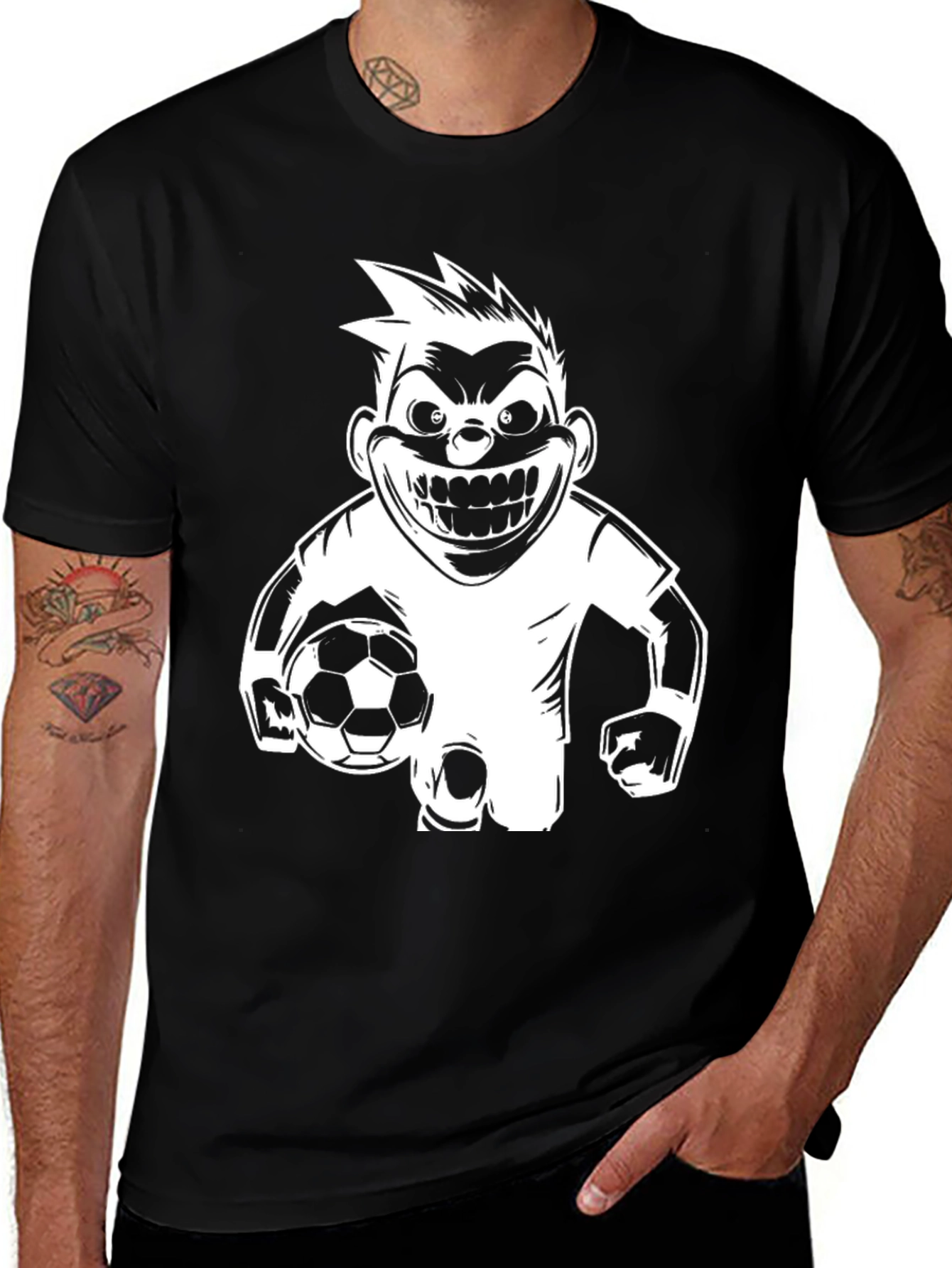 Mens Black Graphic T-Shirt - Soccer Cartoon