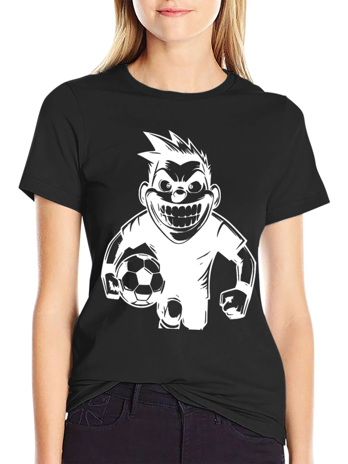 Mens Black Graphic T-Shirt - Soccer Cartoon