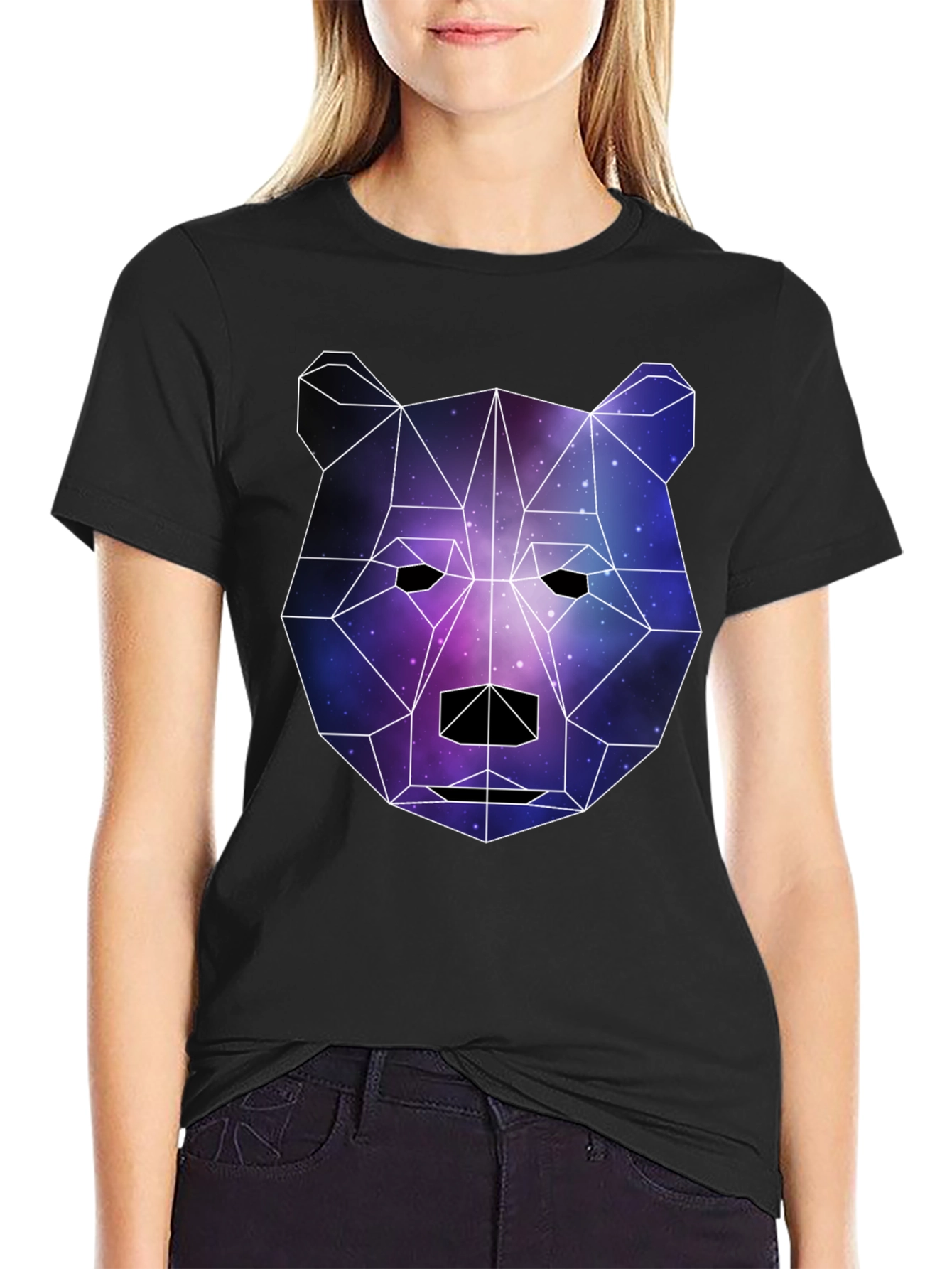 Geometric Galaxy Bear Black T-Shirt