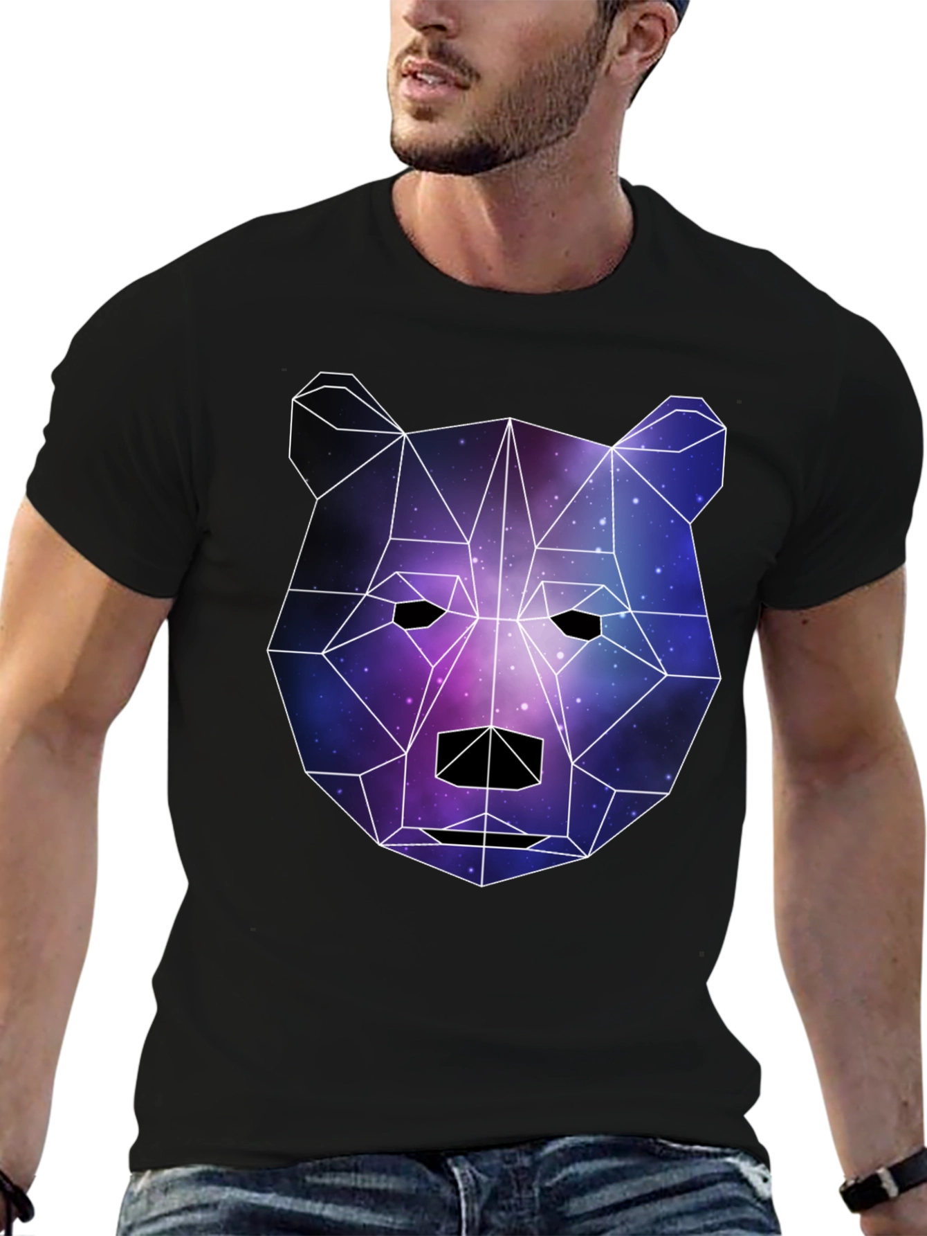 Geometric Galaxy Bear Black T-Shirt
