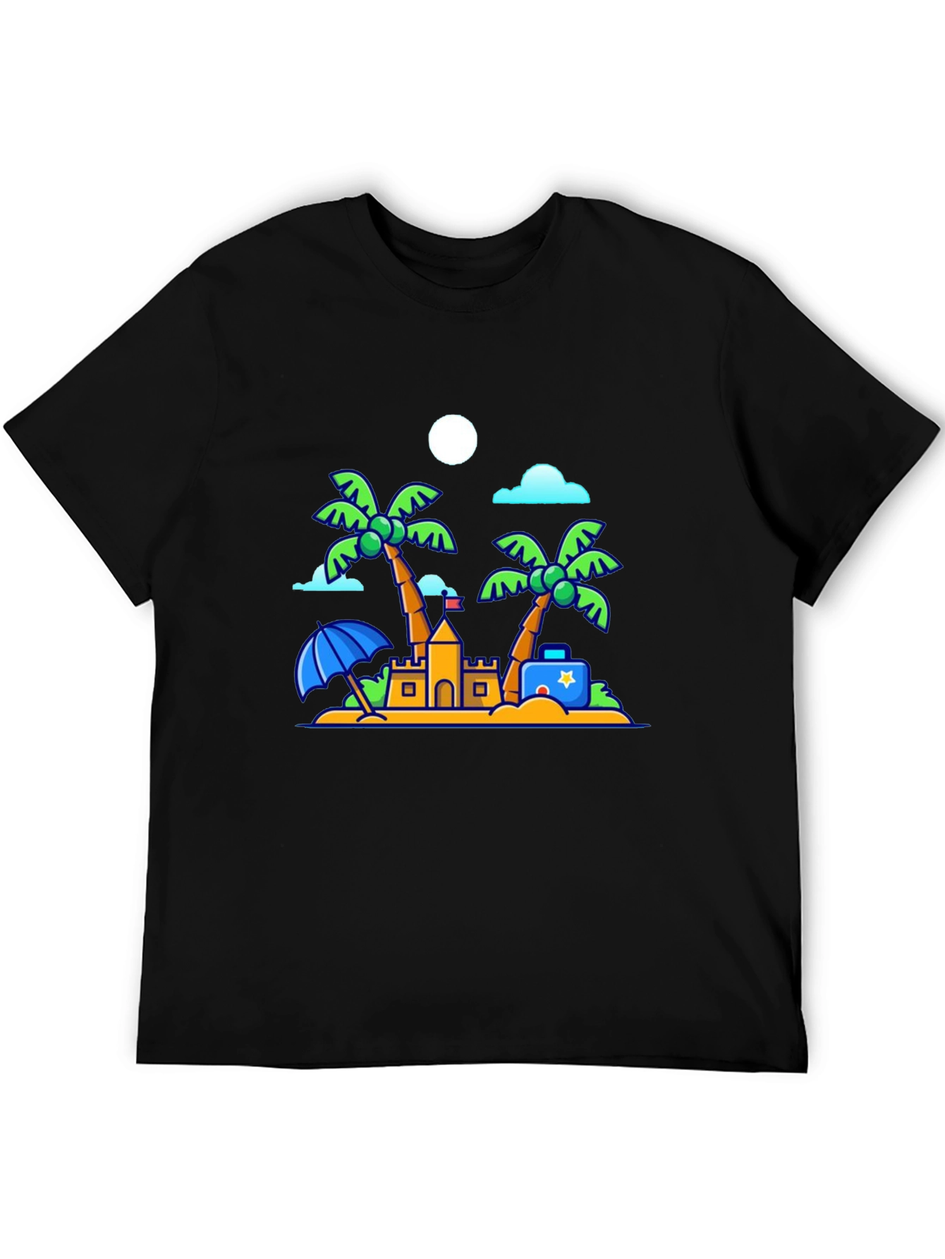 Cartoon Beach Scene Black T-Shirt