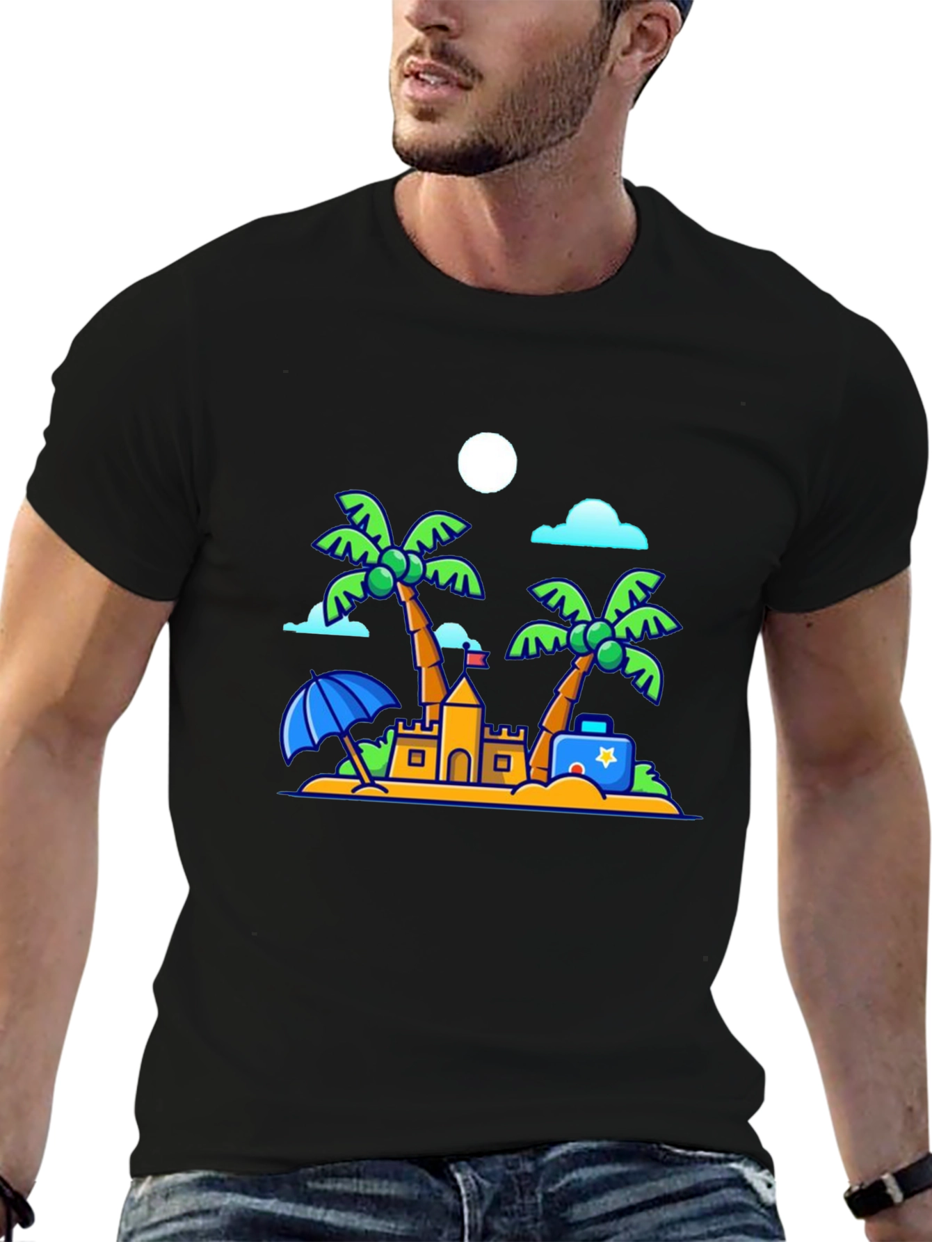 Cartoon Beach Scene Black T-Shirt