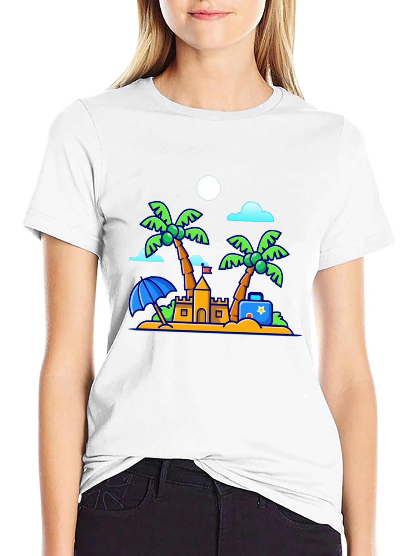 Cartoon Beach Scene Black T-Shirt