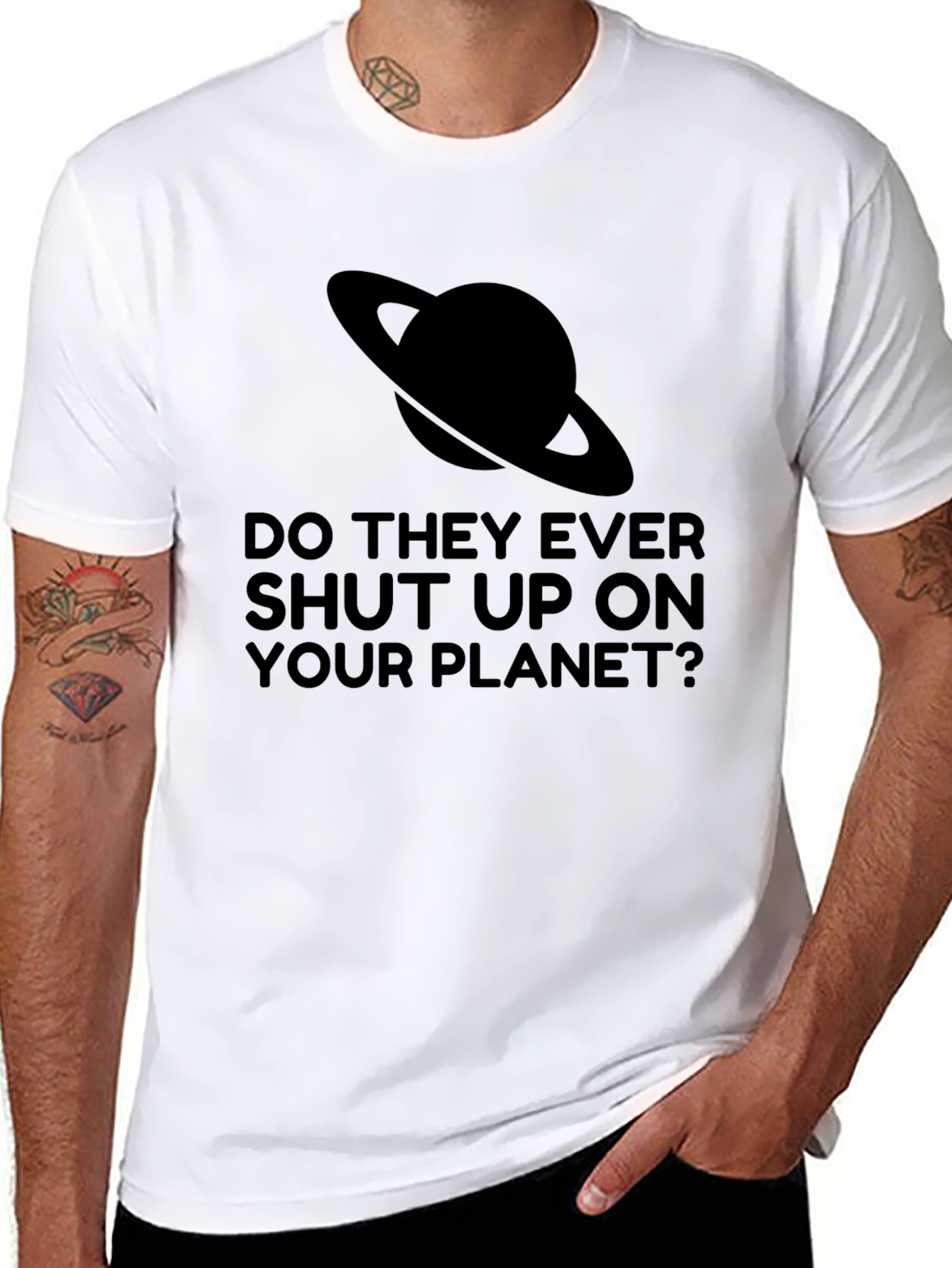Saturn Planet Shut Up Graphic Tee - Black