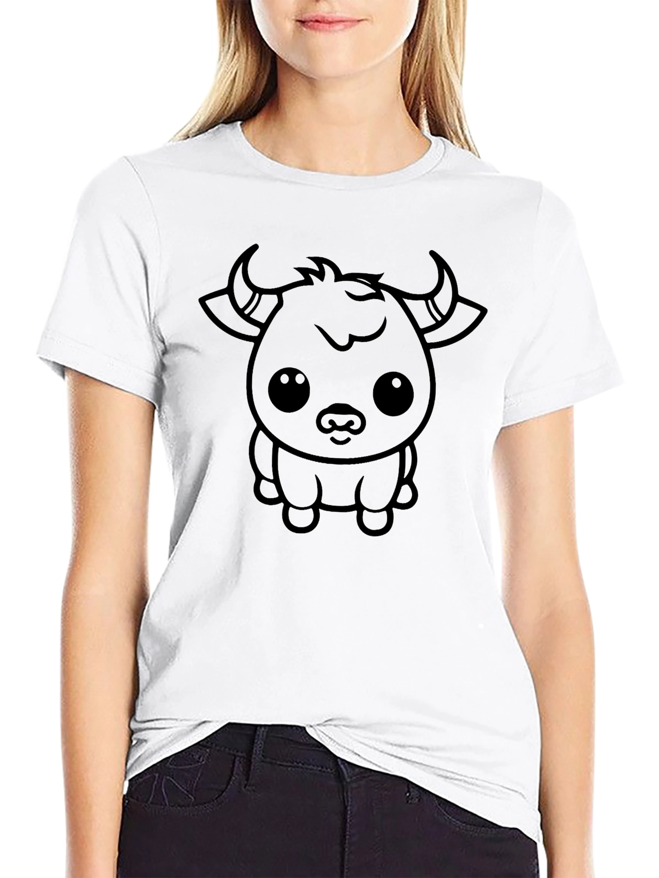 Cute Cartoon Bull Graphic Tee - Black
