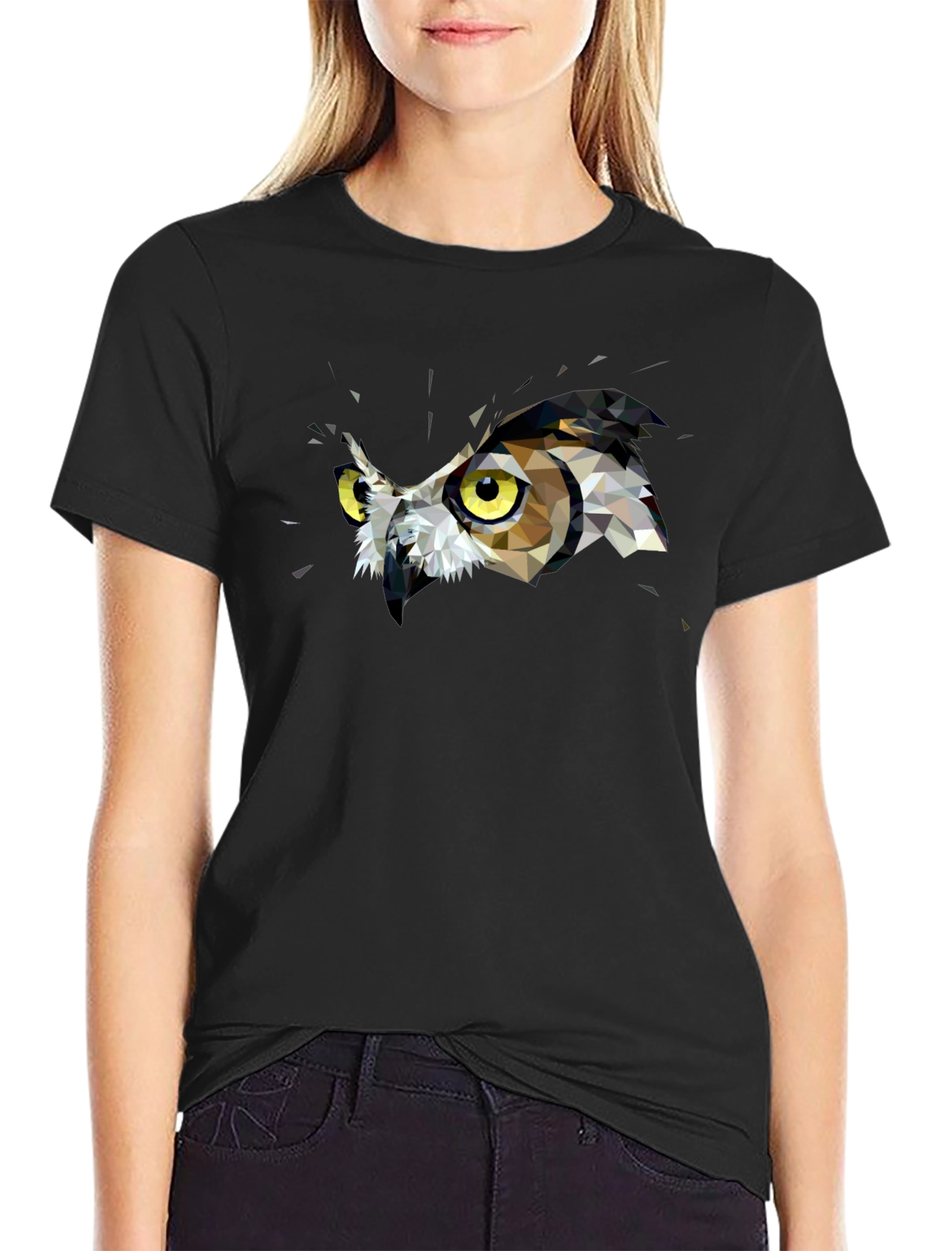 Geometric Owl Graphic Print Black T-Shirt
