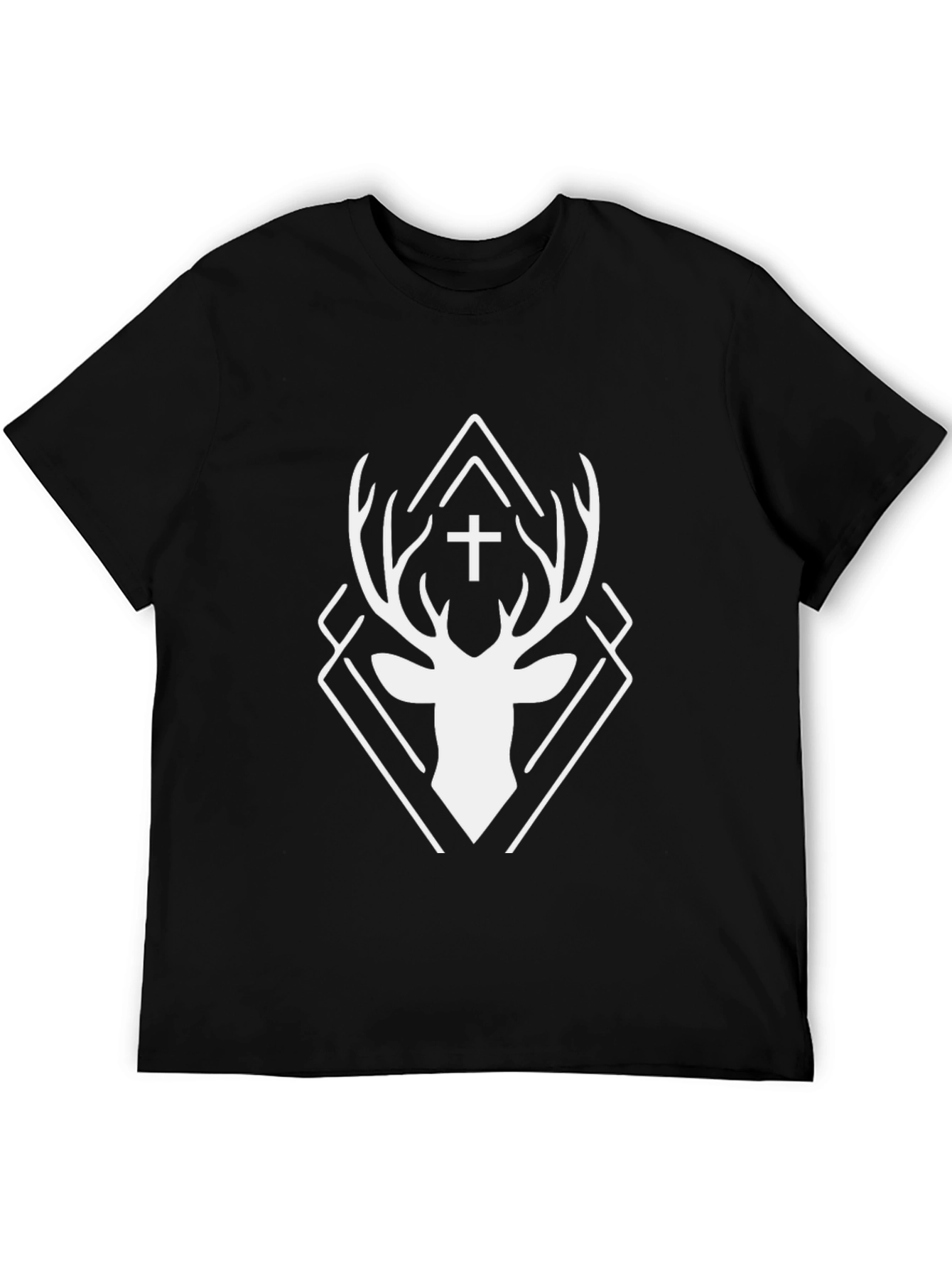 Geometric Deer Cross Graphic Black T-Shirt